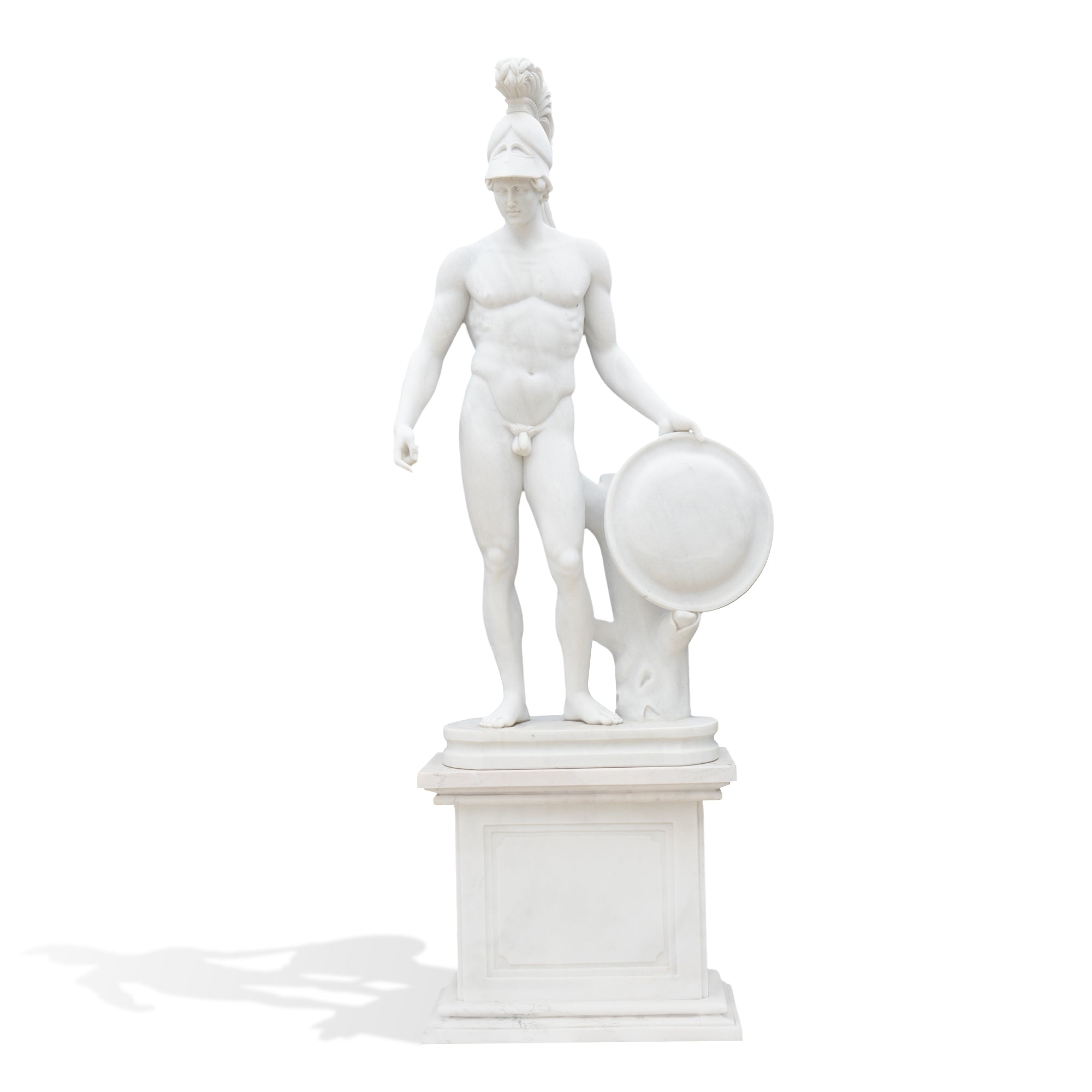 white marble mars warrior statue standing tall with helmet shield and heroic stance