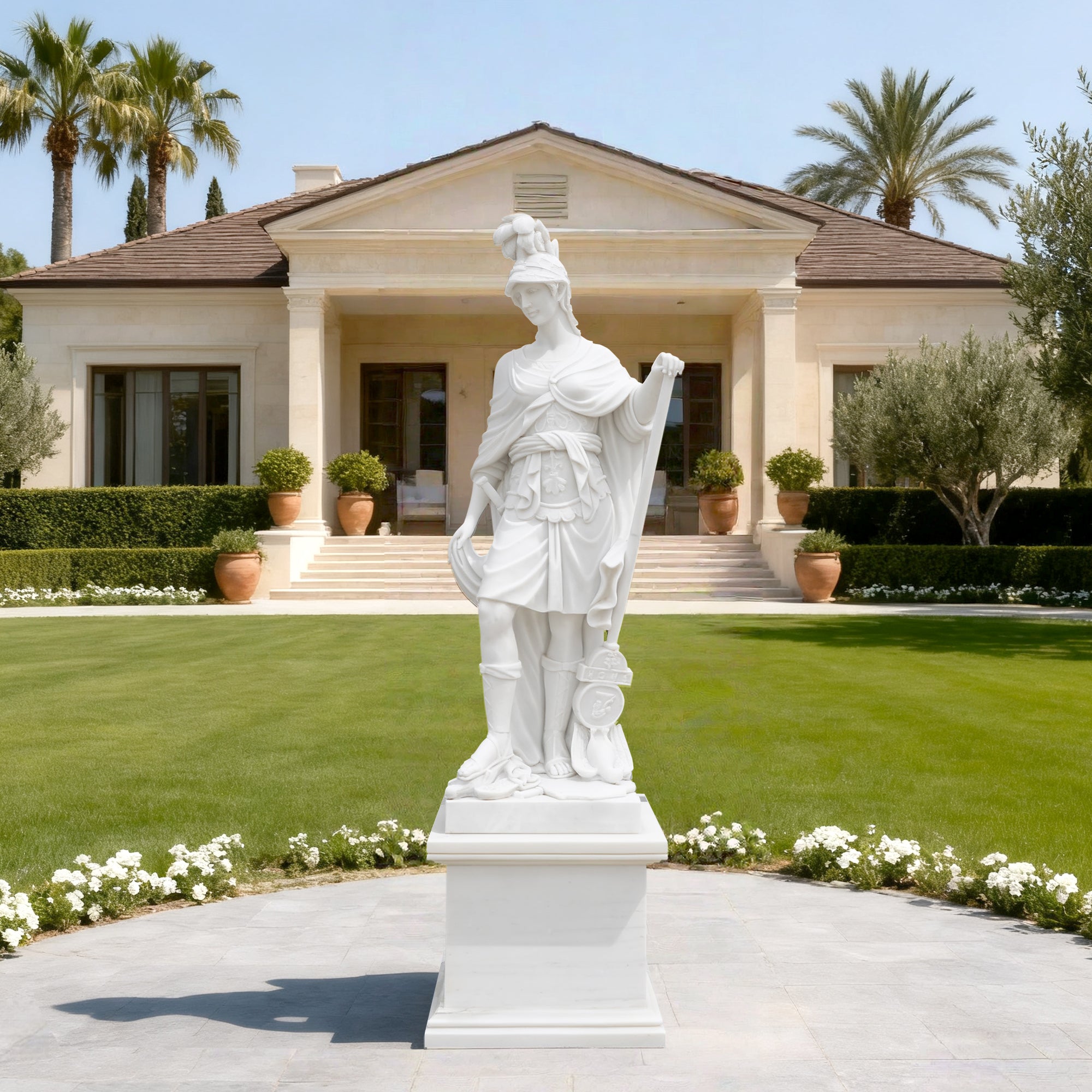 white marble minerva garden statue installed at villa entry lawn with formal landscaping