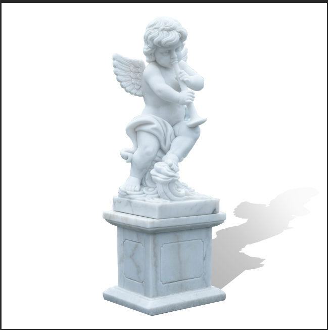 marble cherub angel sculpture of a child playing flute with graceful wings and drapery, ideal as decorative statue for outdoor garden or villa courtyard