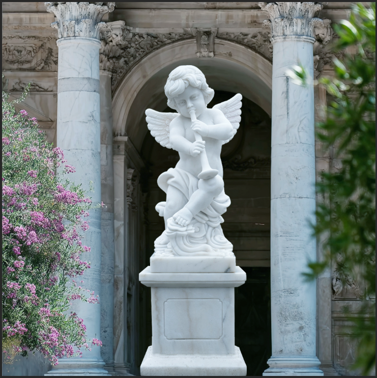 white marble cherub angel statue of a curly haired child playing a flute, classical hand carved sculpture for indoor foyers or outdoor gardens