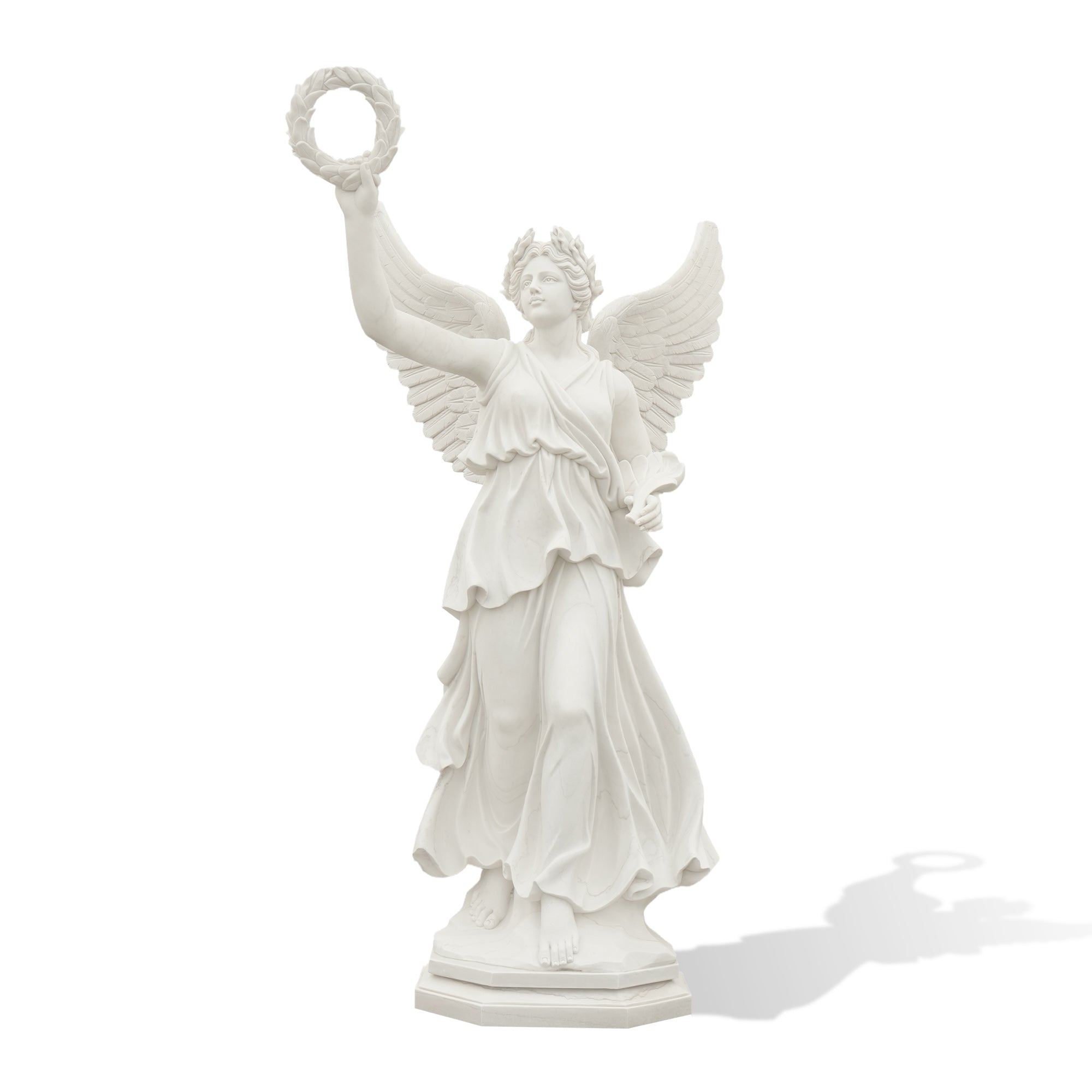 Front view of white marble goddess Victoria statue with wings and flowing robe, ideal for gardens and estates