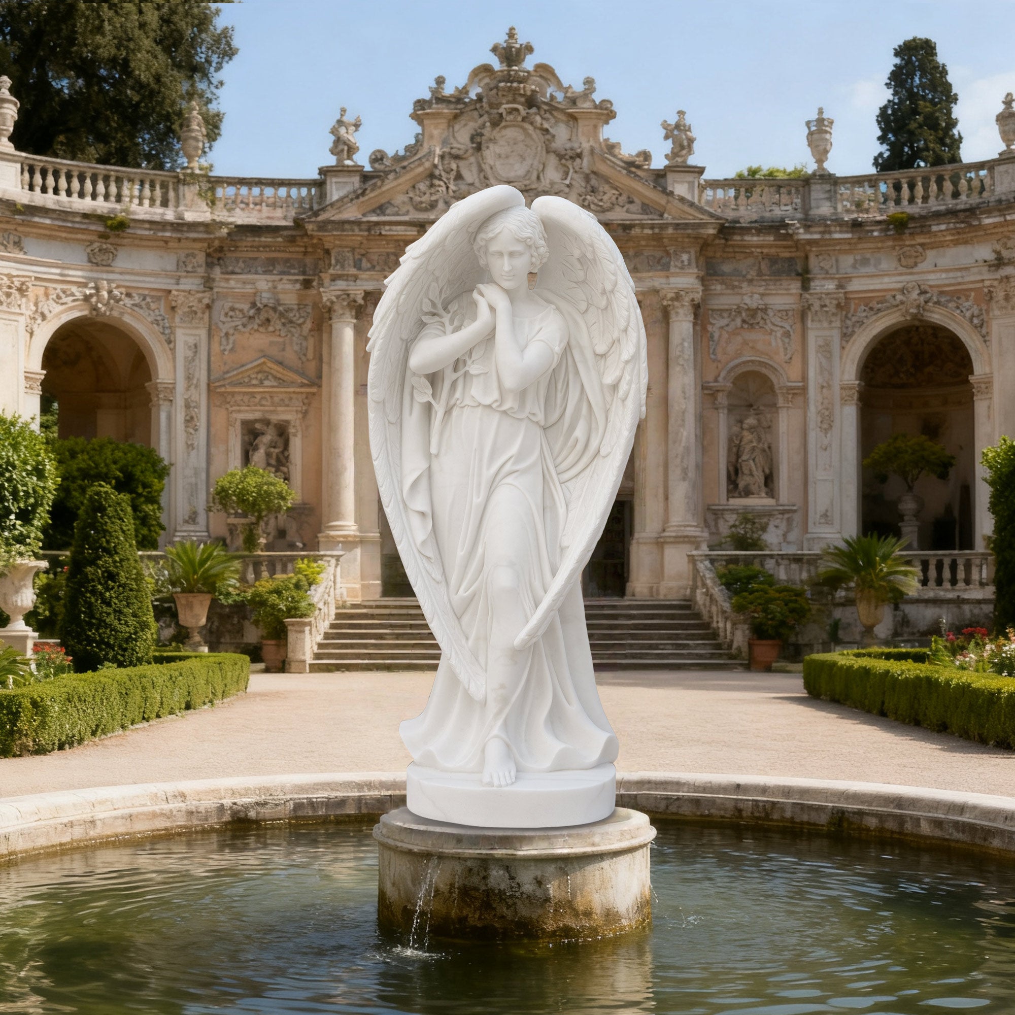 marble angel statue installed in garden fountain memorial sculpture outdoor setting