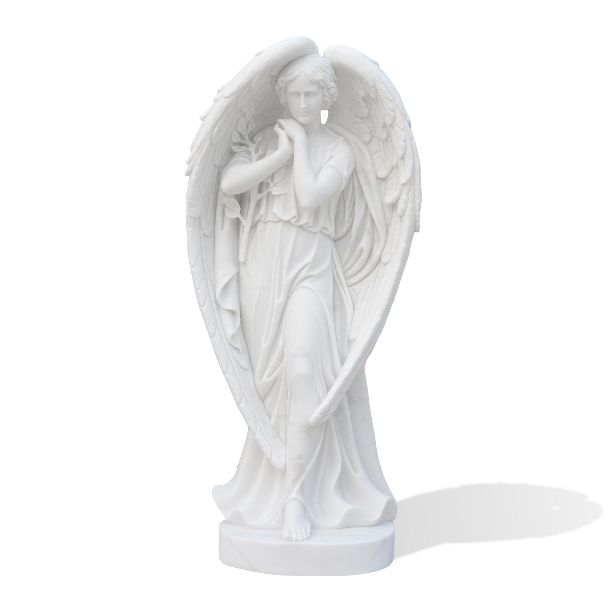 white marble angel memorial statue full body figure with folded hands and detailed robe and delicate wings