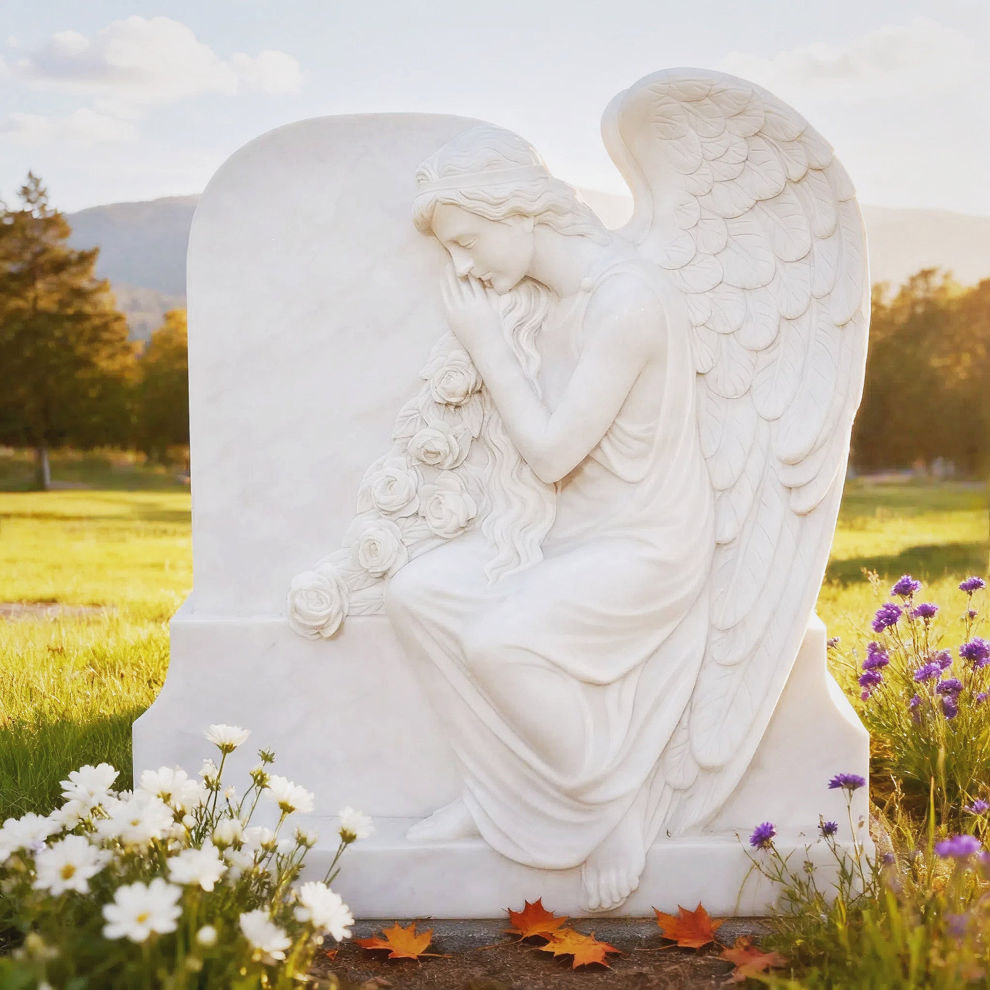 white marble angel gravestone monument in cemetery garden symbol of remembrance and peace