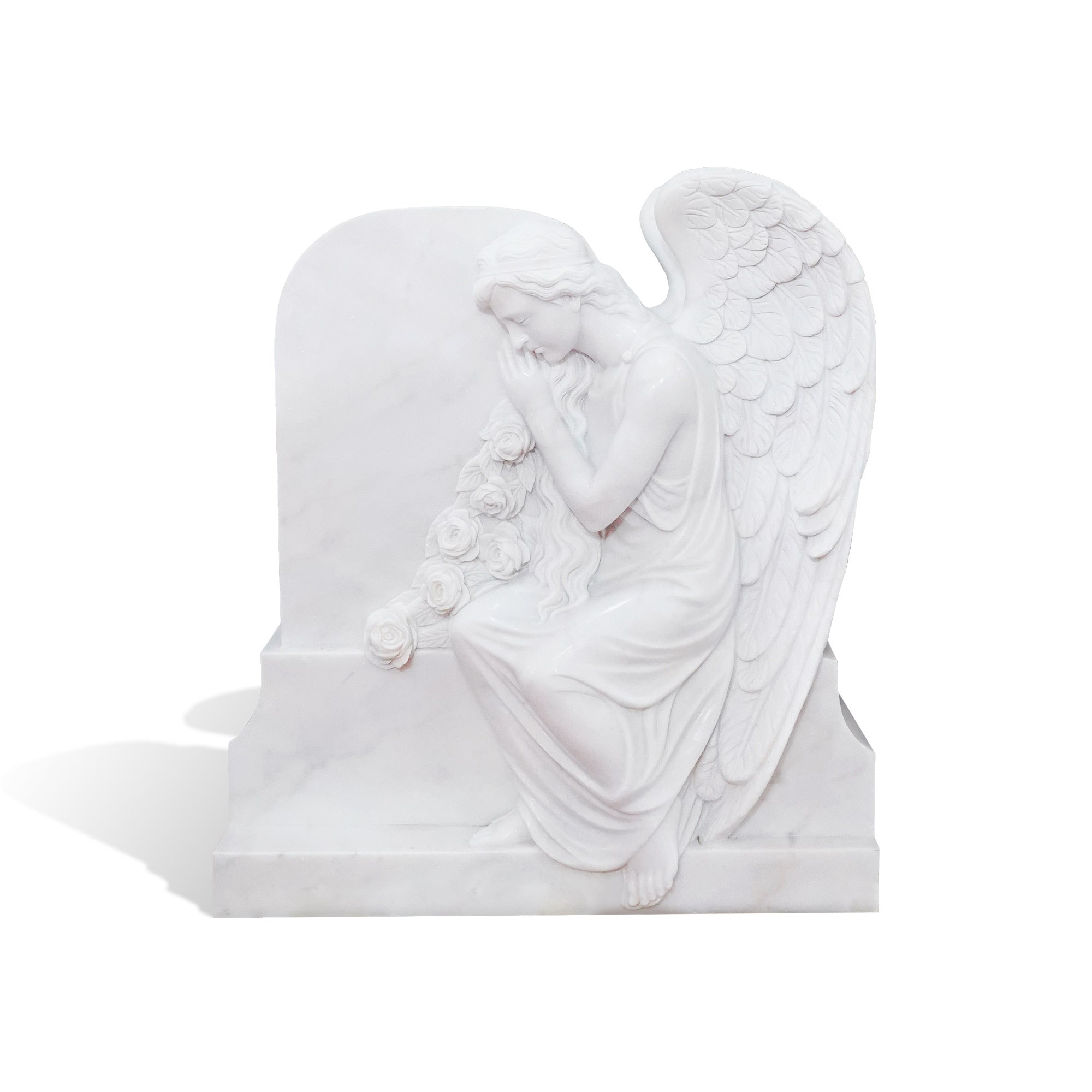 white marble angel headstone memorial tombstone with kneeling angel holding roses