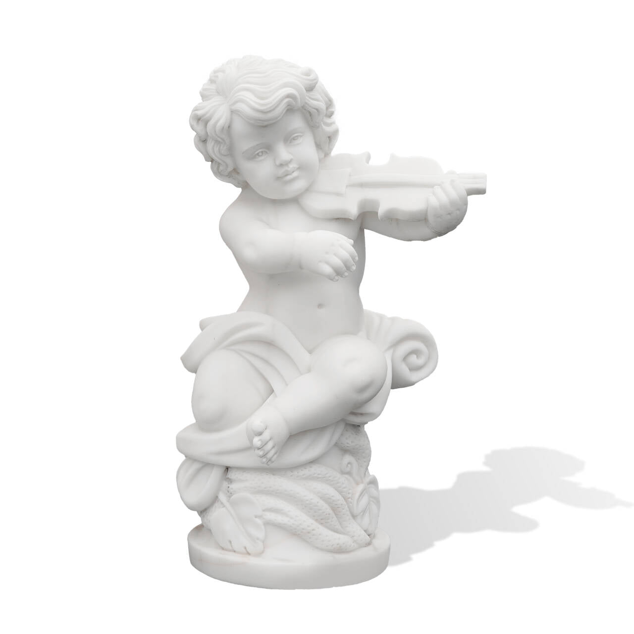 classical white marble cherub sculpture of child angel playing violin on decorative pedestal