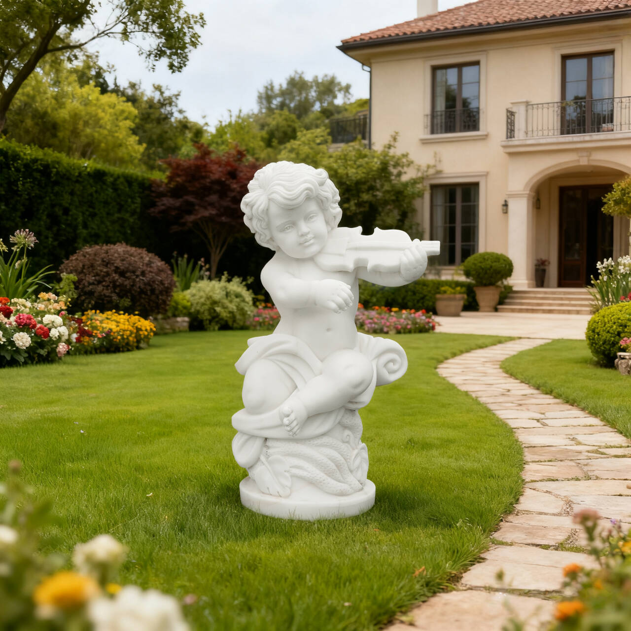 marble cherub statue of a child angel playing violin in garden landscape with flowers