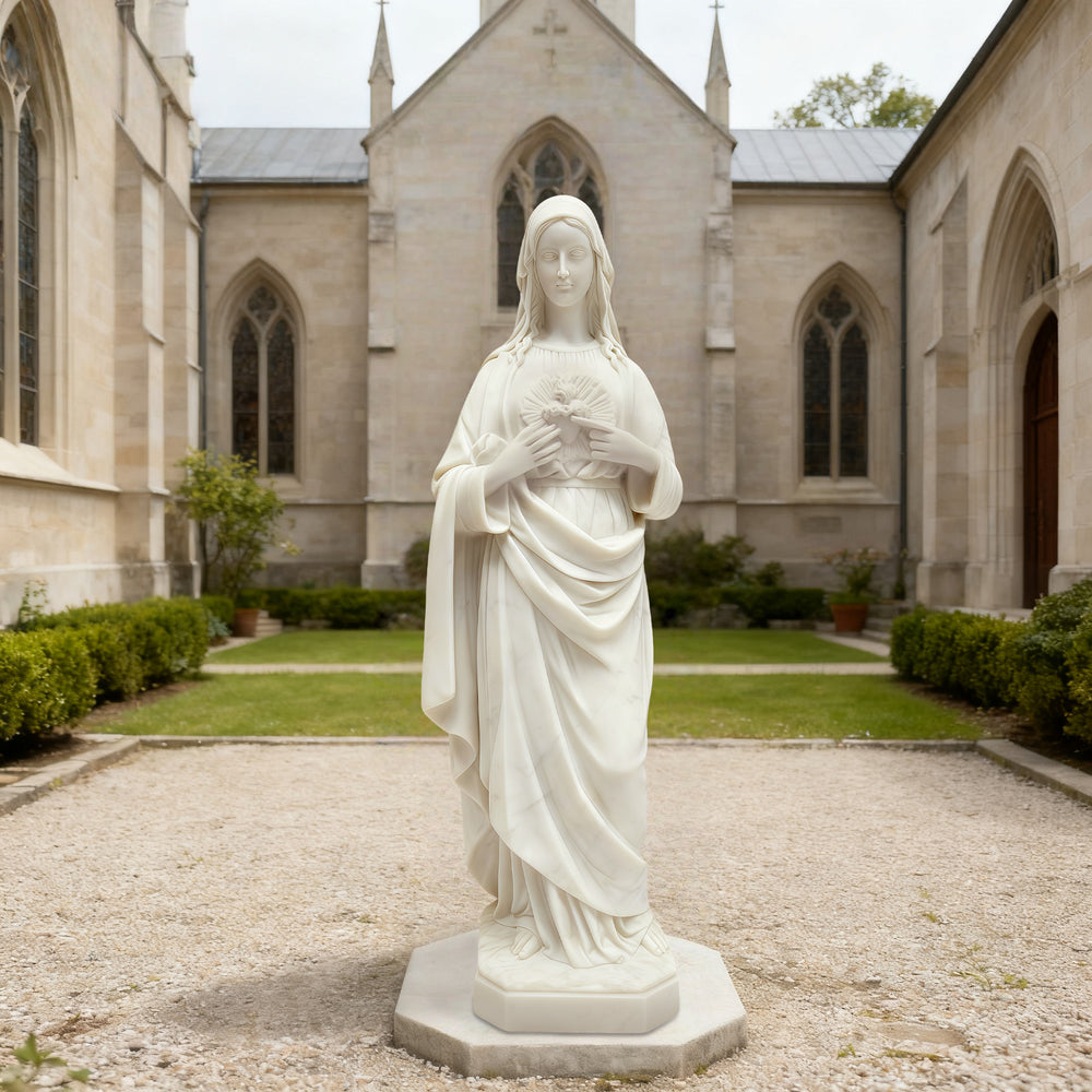 FINEST White Marble Sacred Heart of Mary Statue Hand Carved Religious