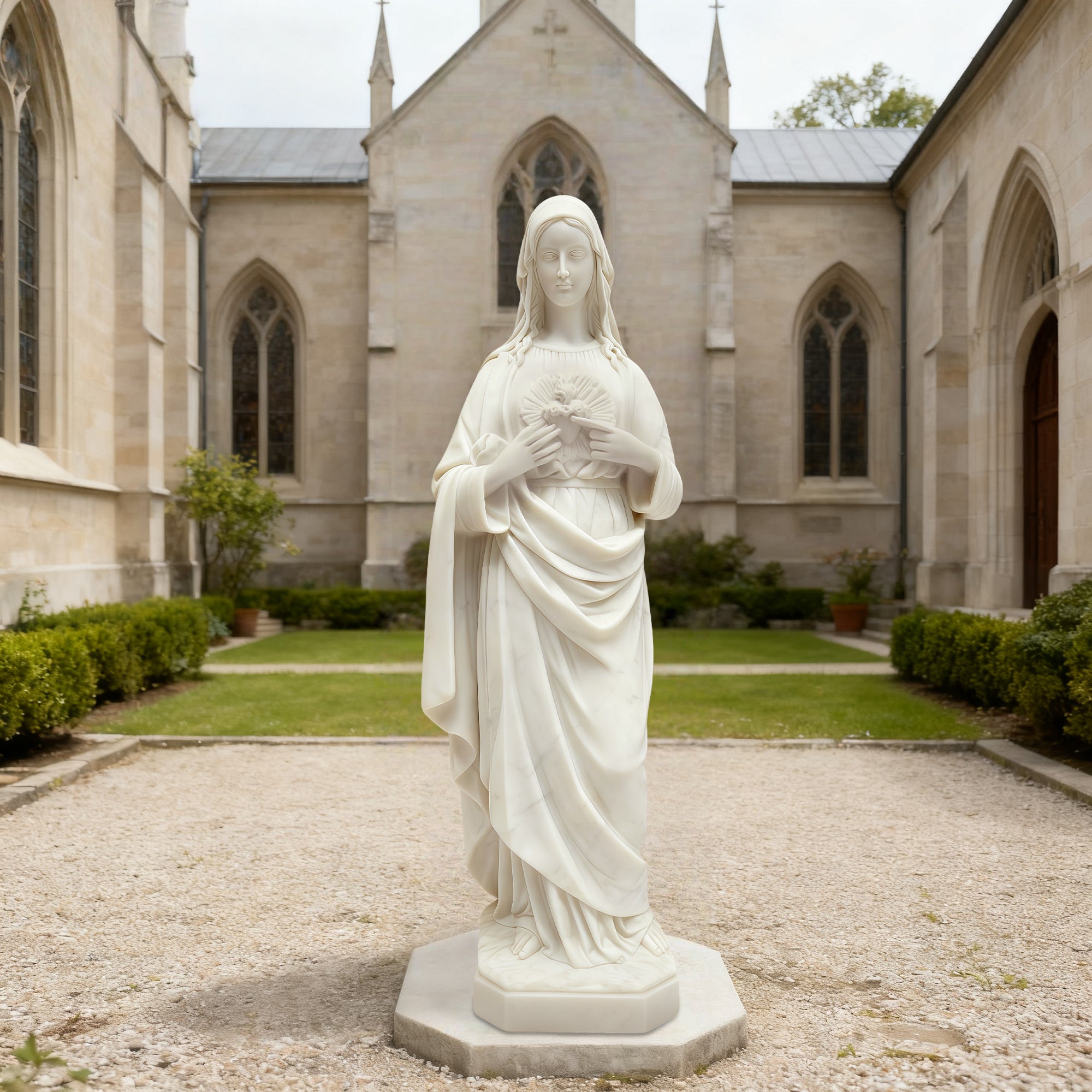 white marble sacred heart of mary statue religious sculpture in church gardens