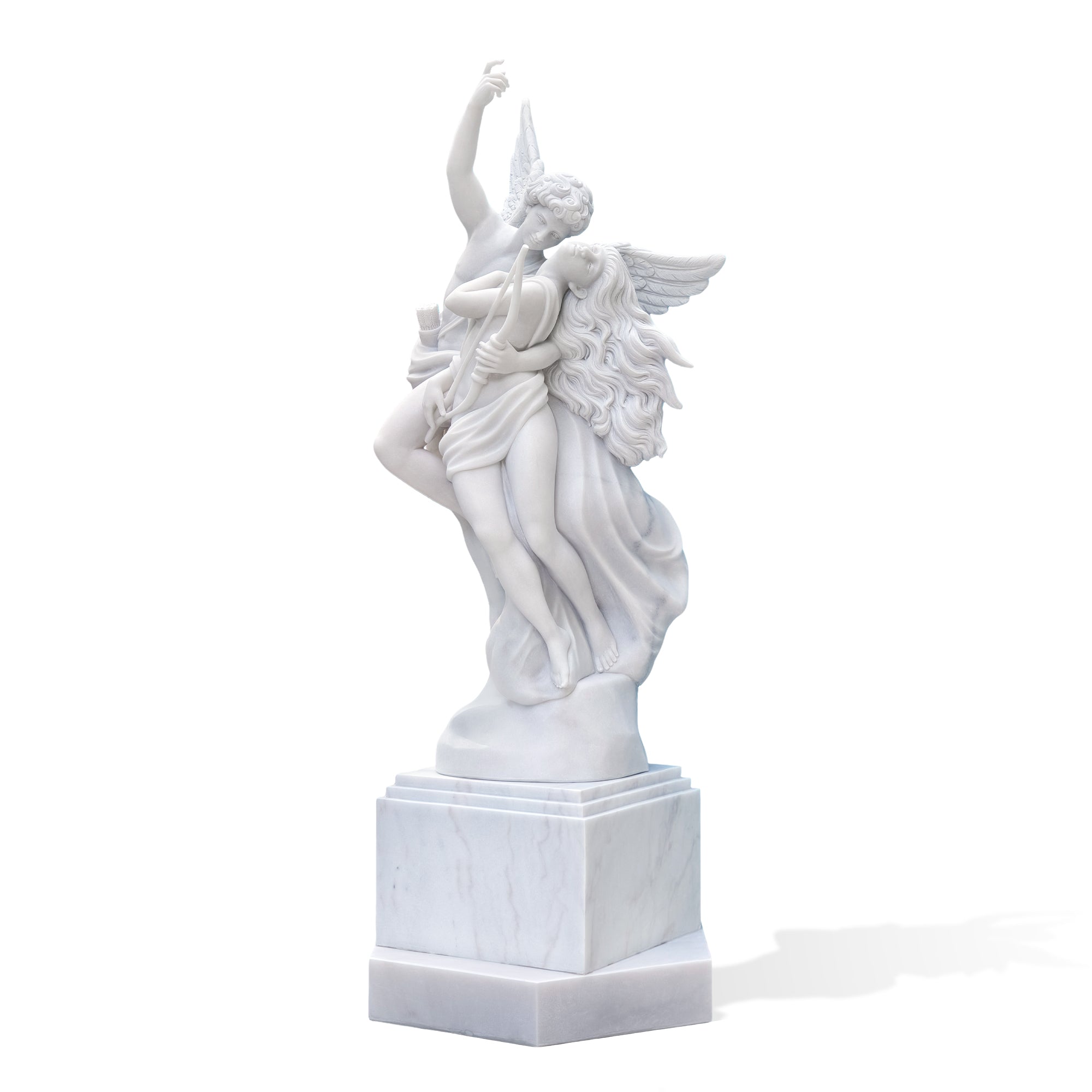 Front view of the Eros and Psyche white marble sculpture with pedestal, 96 inches tall, classical replica for outdoor and indoor display in the USA.