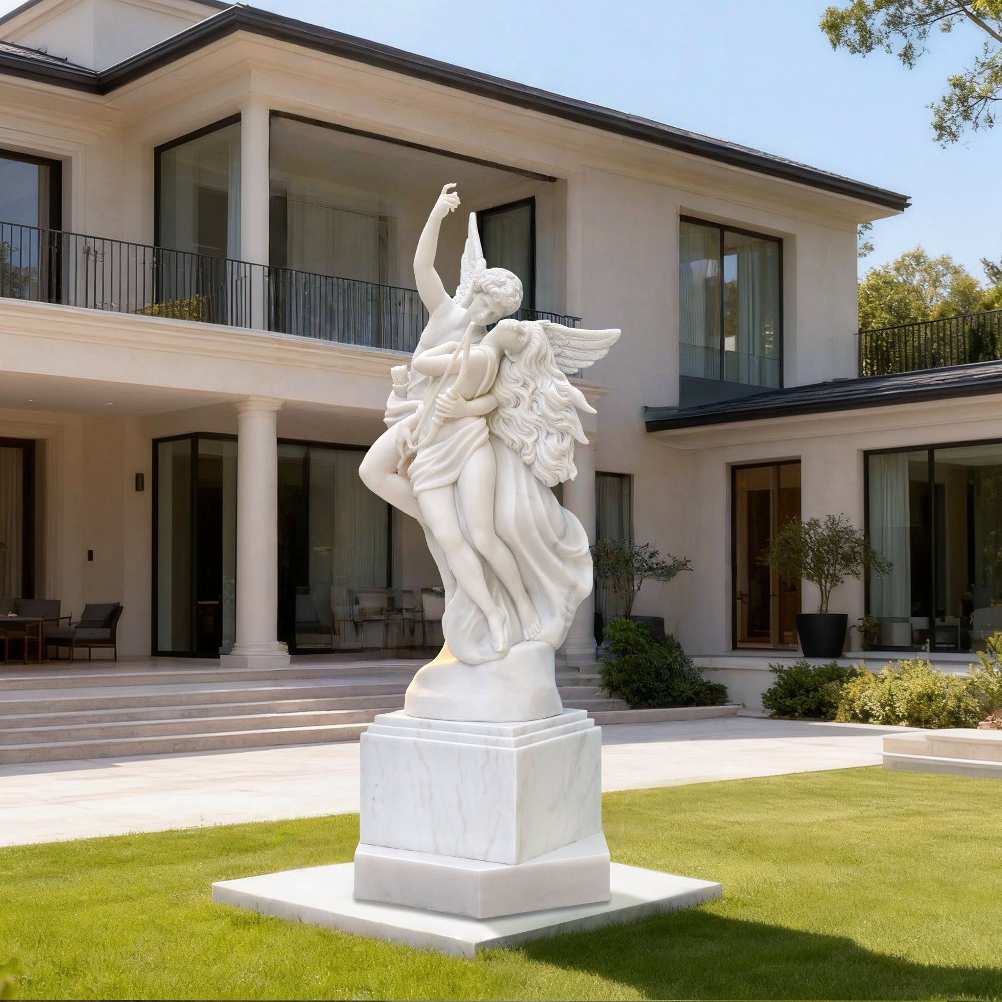 Eros and Psyche white marble sculpture with pedestal, total height 96 inches, displayed in a luxury home garden in the USA.