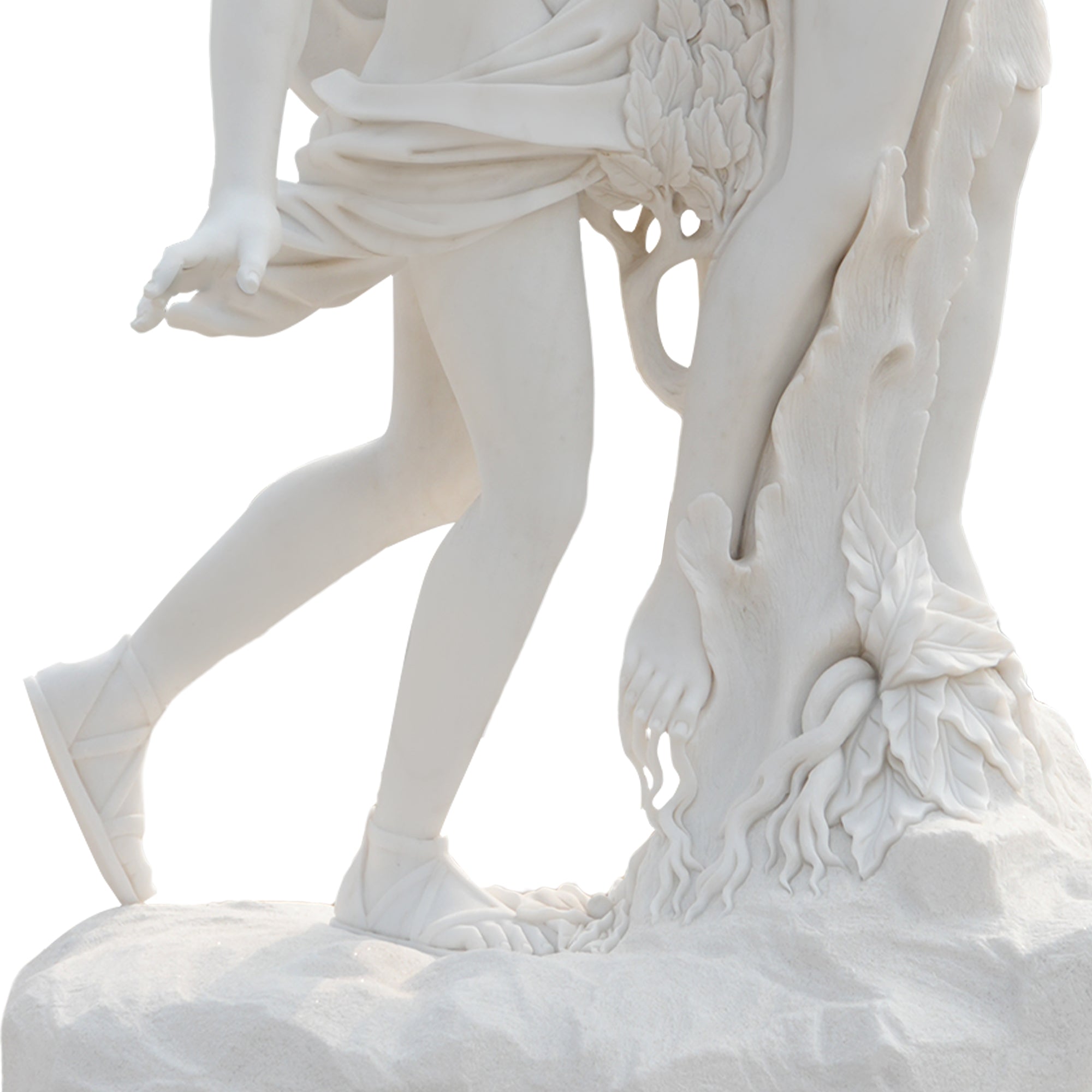 Marble Apollo and Daphne replica statue base close-up, showing carved tree roots, leaves, and detailed transformation effect.