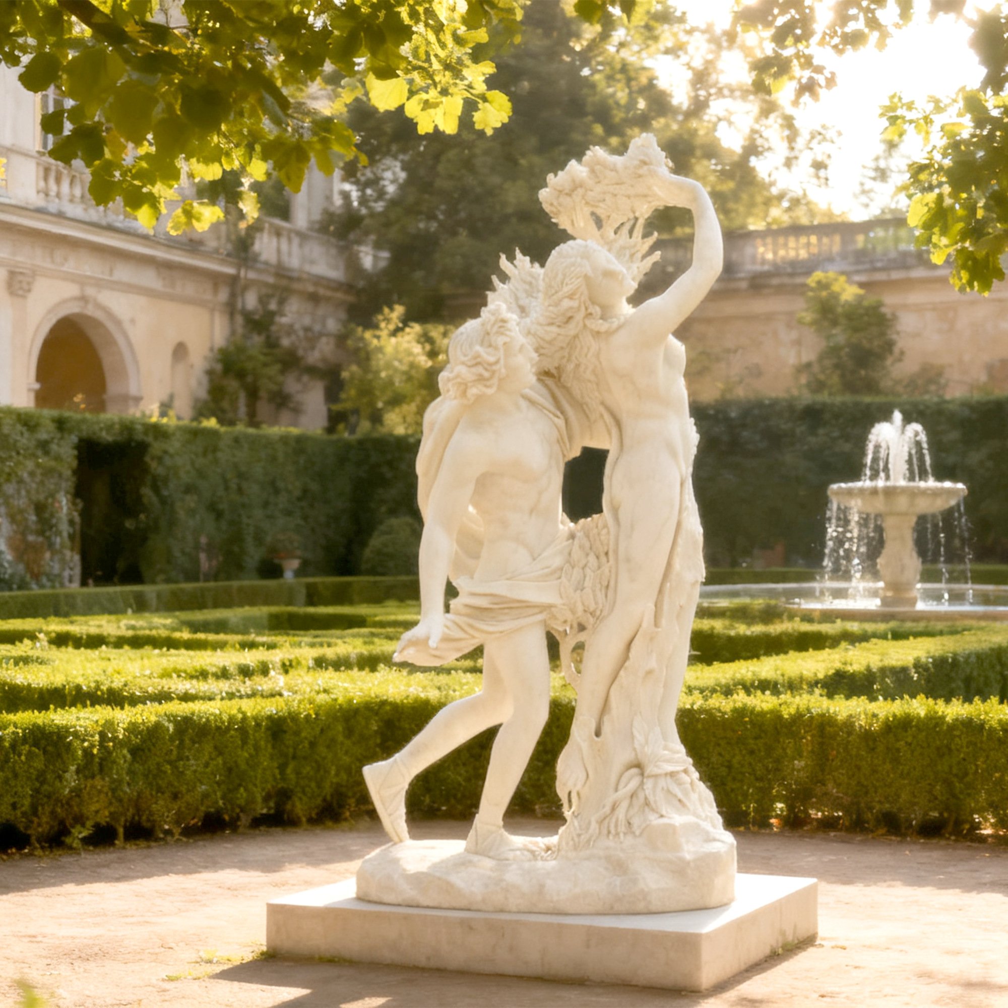 Apollo and Daphne marble replica sculpture installed in European-style garden with fountain, ideal centerpiece for outdoor estates.