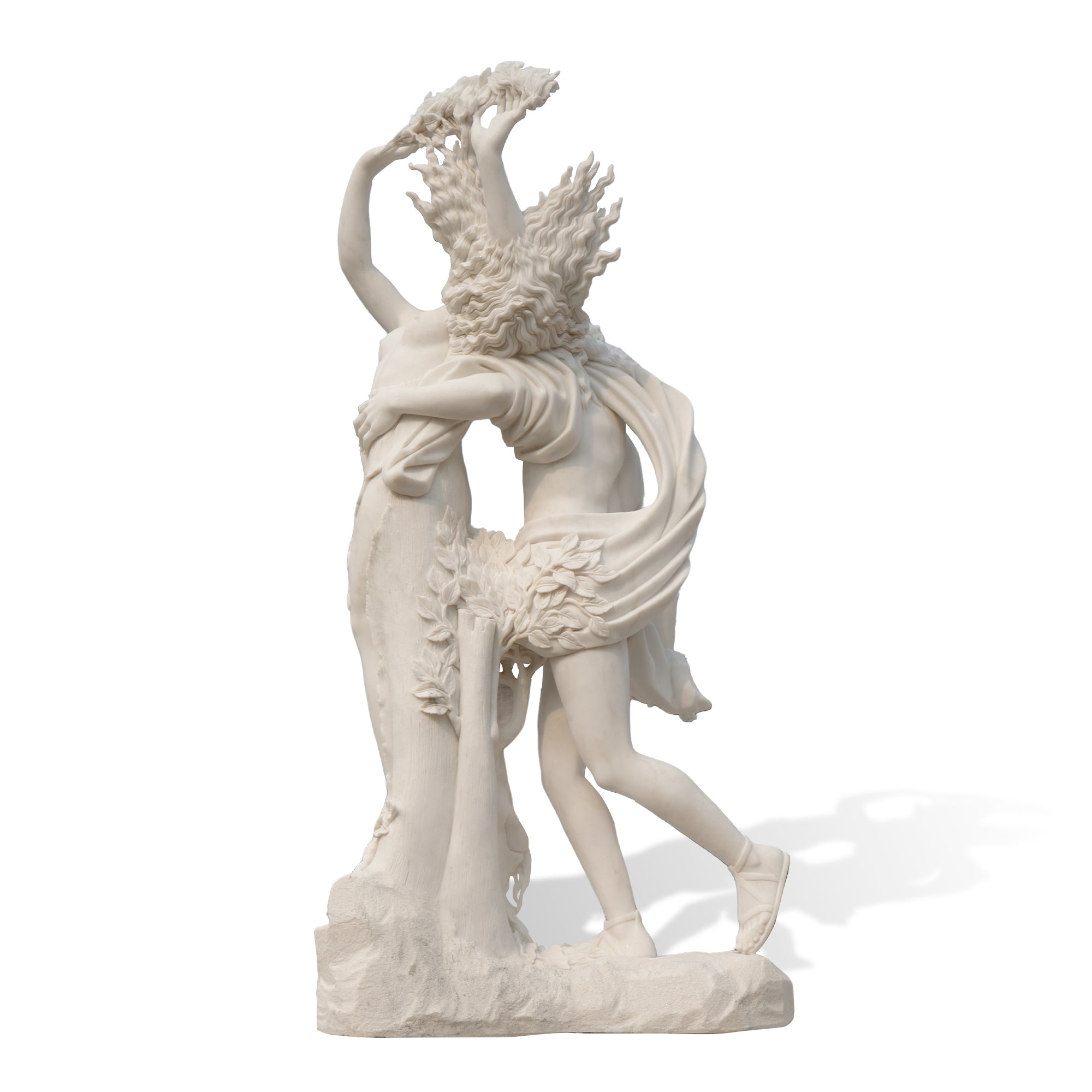 Rear view of Apollo and Daphne statue replica in marble, showing dynamic drapery, motion and mythological symbolism.