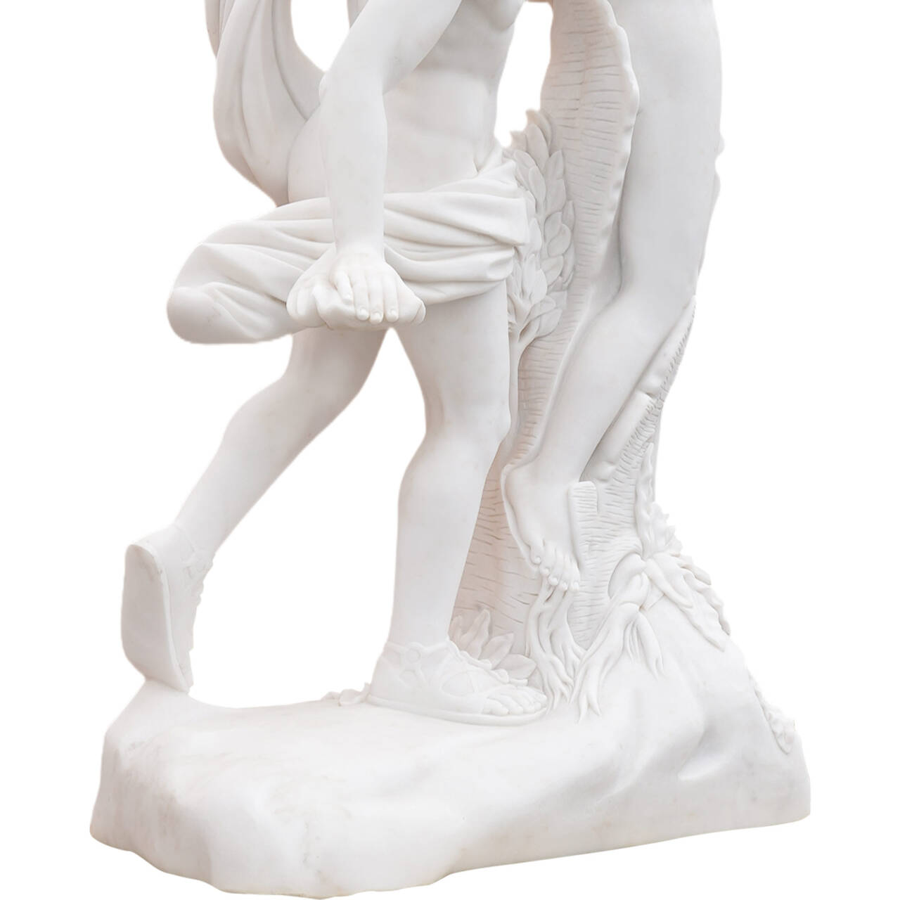 Body detail of replica Apollo and Daphne marble statue, highlighting torso carving, smooth finish, and transformation into laurel tree