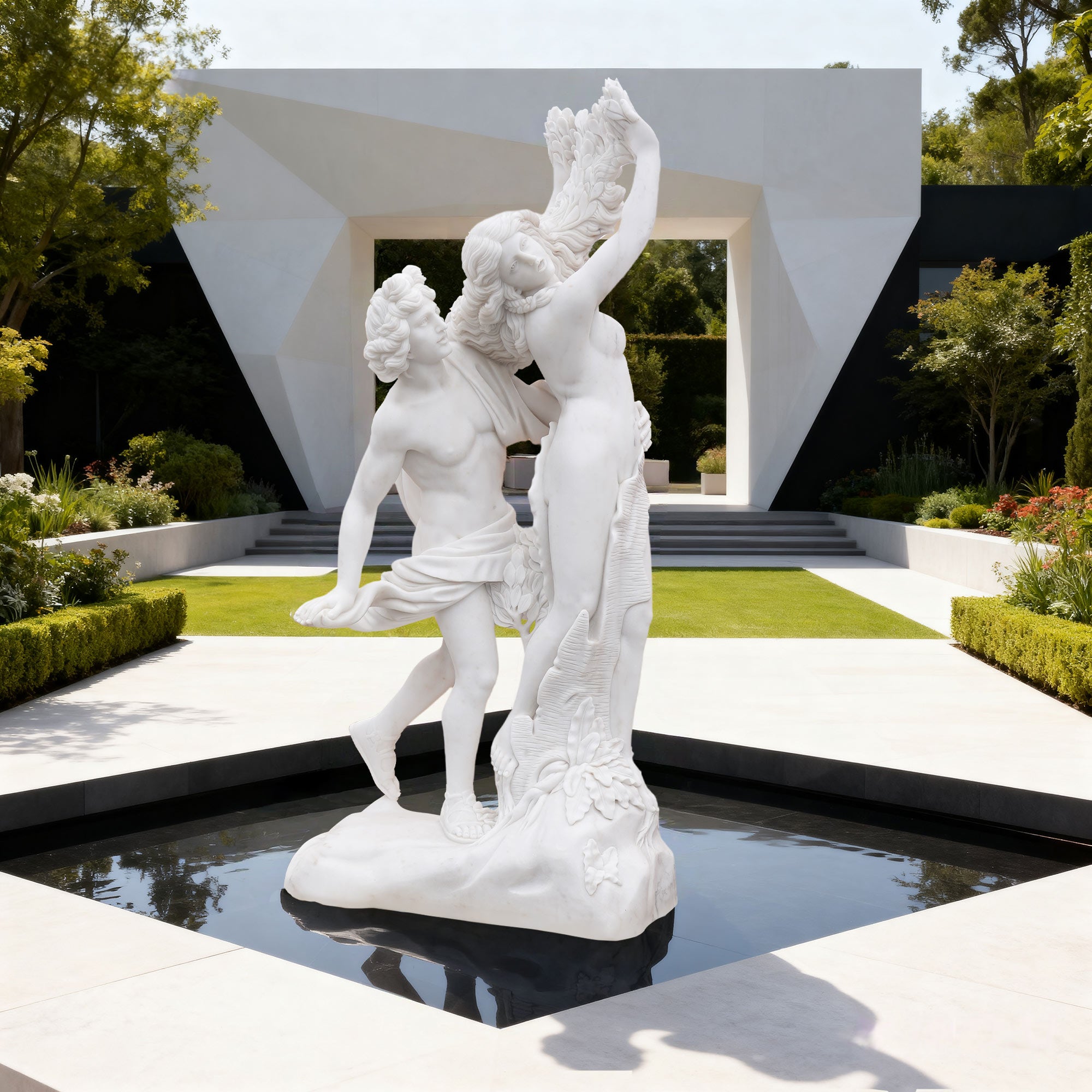 Large replica marble Apollo and Daphne statue displayed in outdoor garden fountain, classical mythology sculpture with dramatic transformation.
