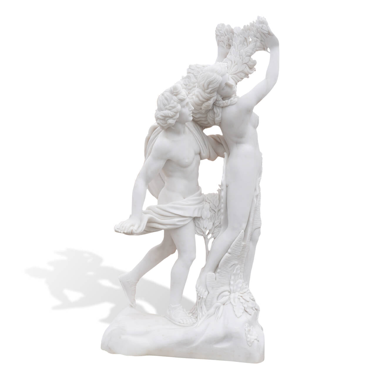 Side angle of replica Apollo and Daphne marble statue, showing Daphne’s transformation into tree branches from Greek mythology