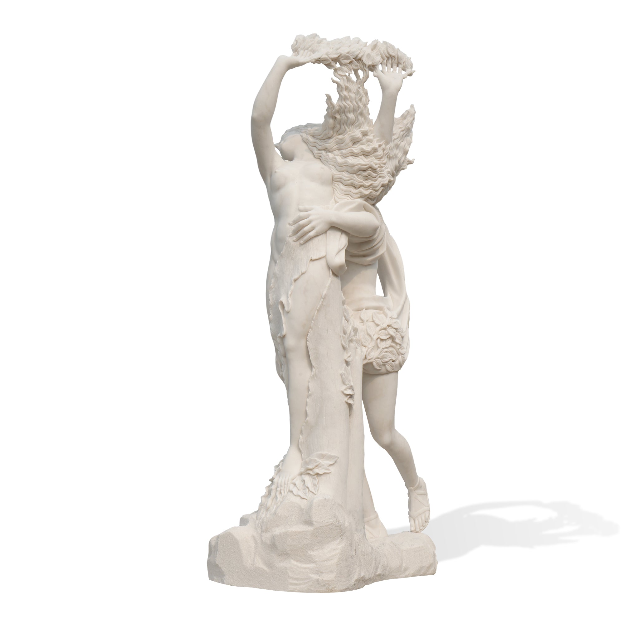 White marble Apollo and Daphne sculpture replica, Daphne’s arms transforming into laurel branches with dramatic hand-carved detail.