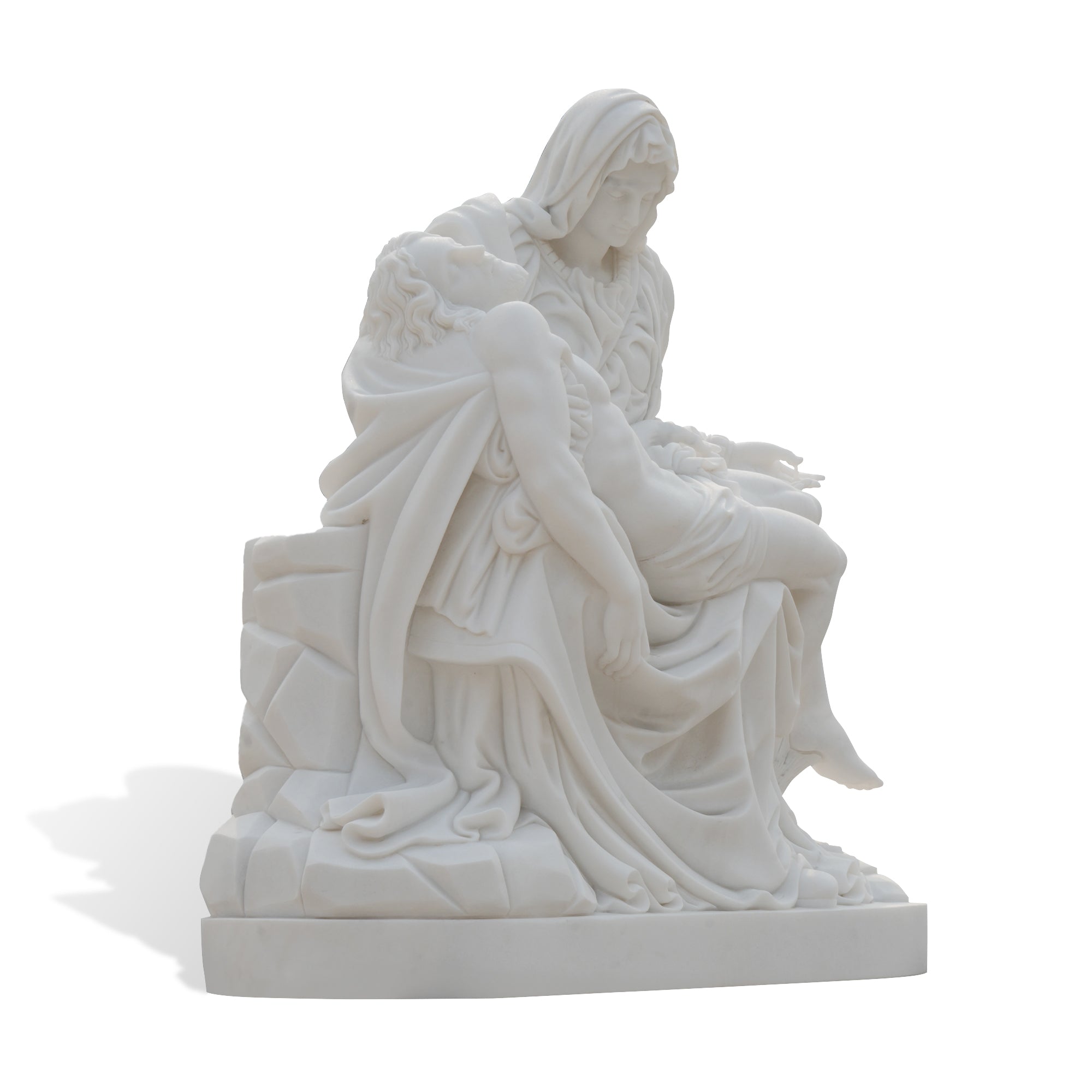 Side perspective of marble Pietà sculpture, Virgin Mary supporting Christ with finely carved drapery details.