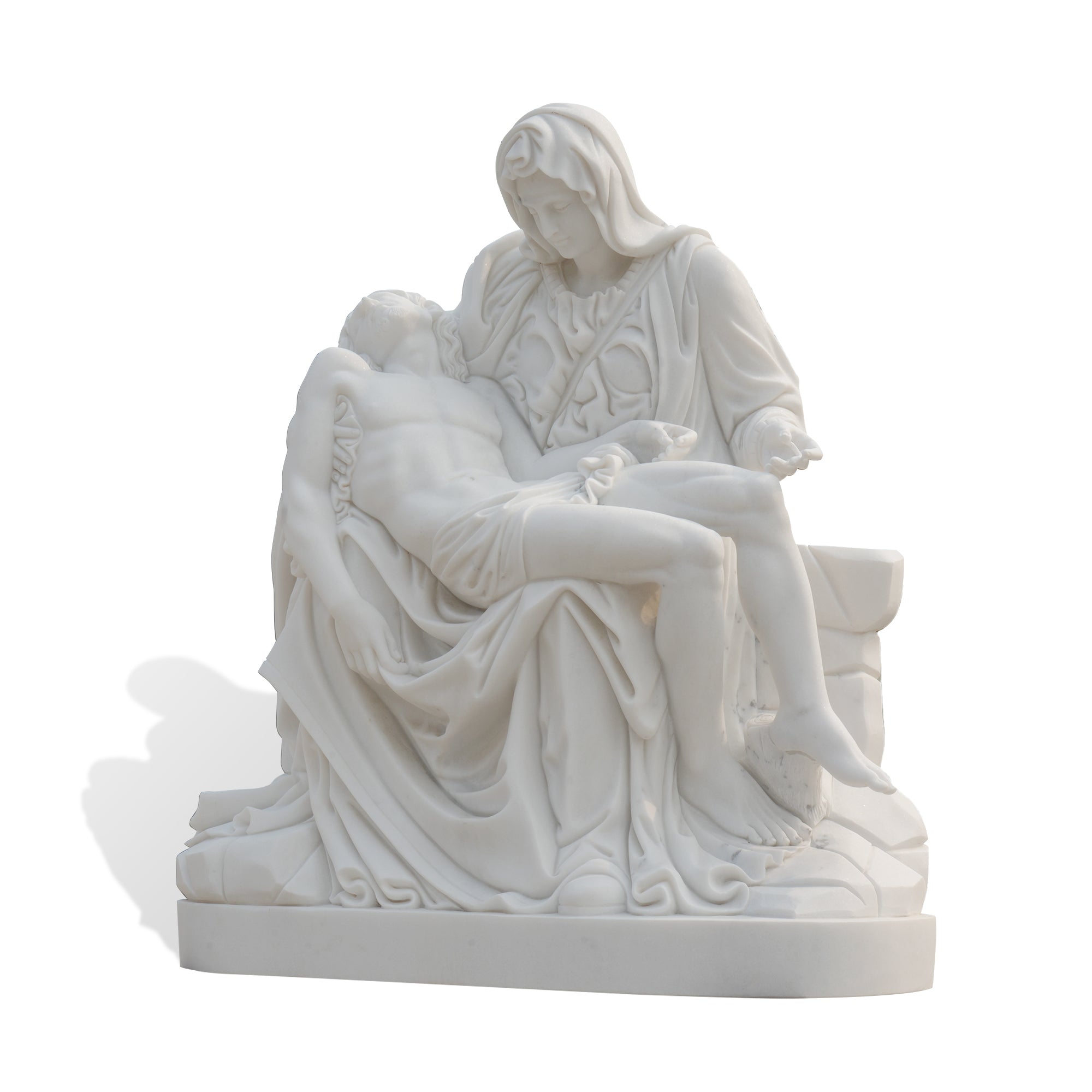 Full view of marble Pietà replica statue from side angle, Virgin Mary seated with Jesus Christ across her lap.