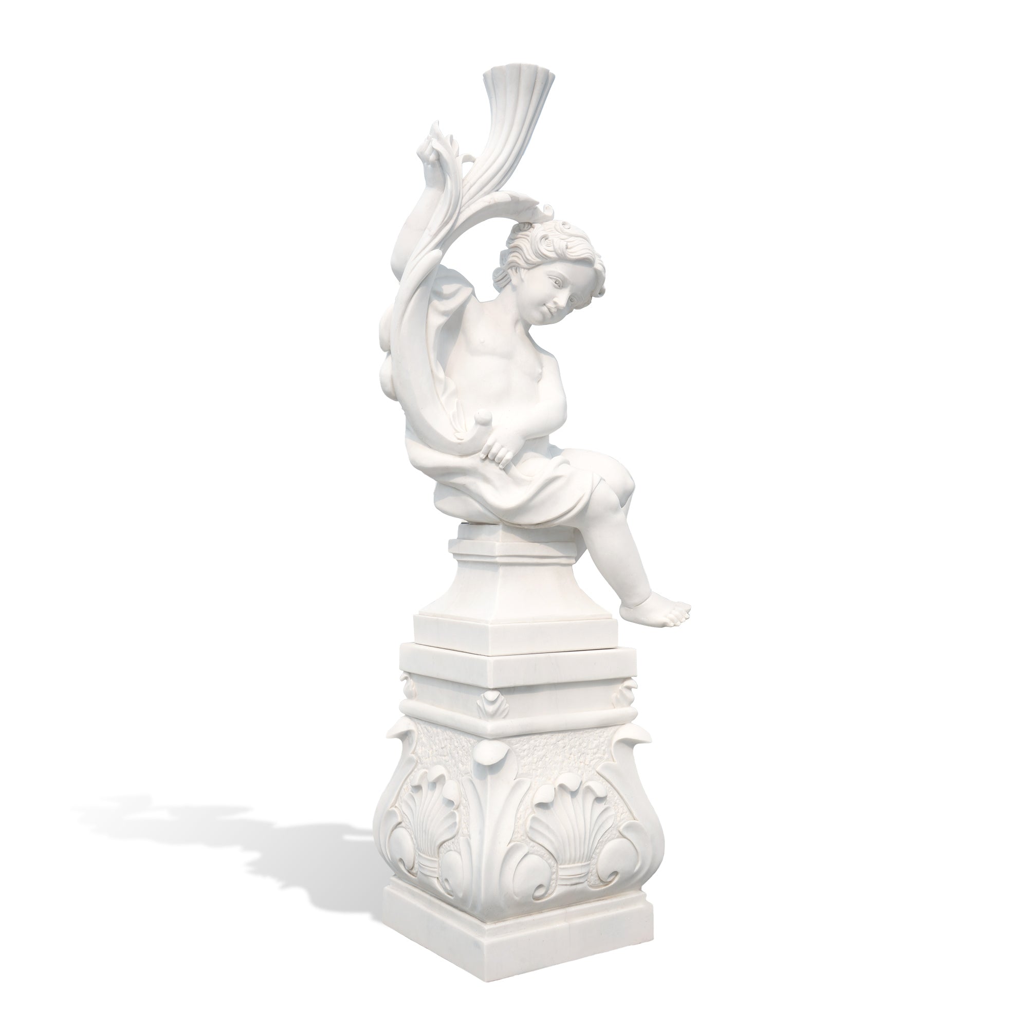 Side view of FM-134 white marble angel cherub statue with flowing drapery, carved wings and classical posture