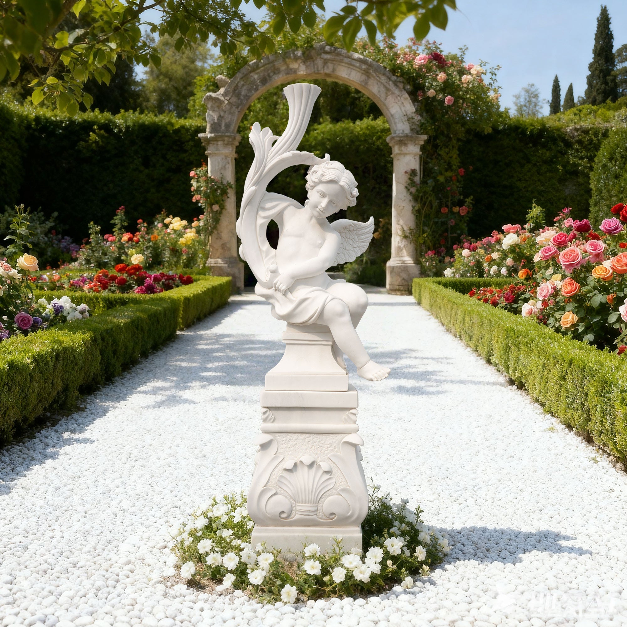 FINEST FM-134 white marble angel cherub statue displayed in outdoor luxury garden courtyard, perfect for classical landscape decor