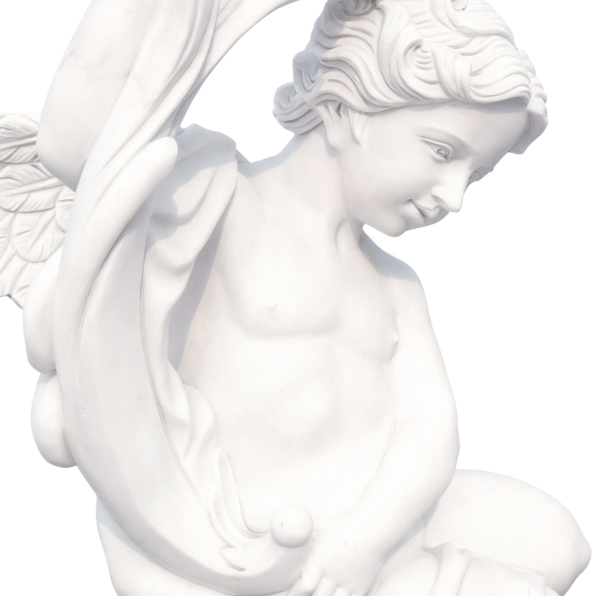 Upper body close-up of FM-134 white marble angel cherub statue showing hand holding scroll and intricate torso carving