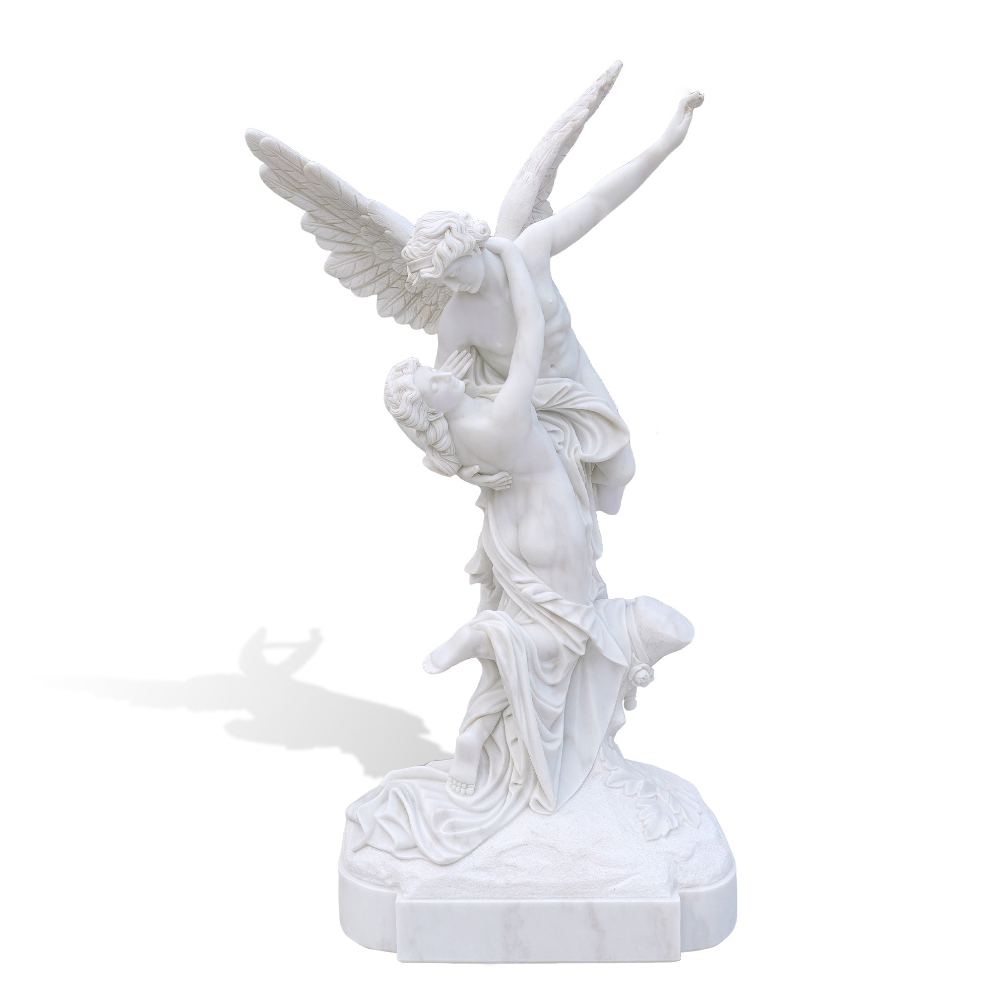 White marble sculpture of Cupid lifting Psyche, showing detailed wings and drapery in a classical mythological composition.