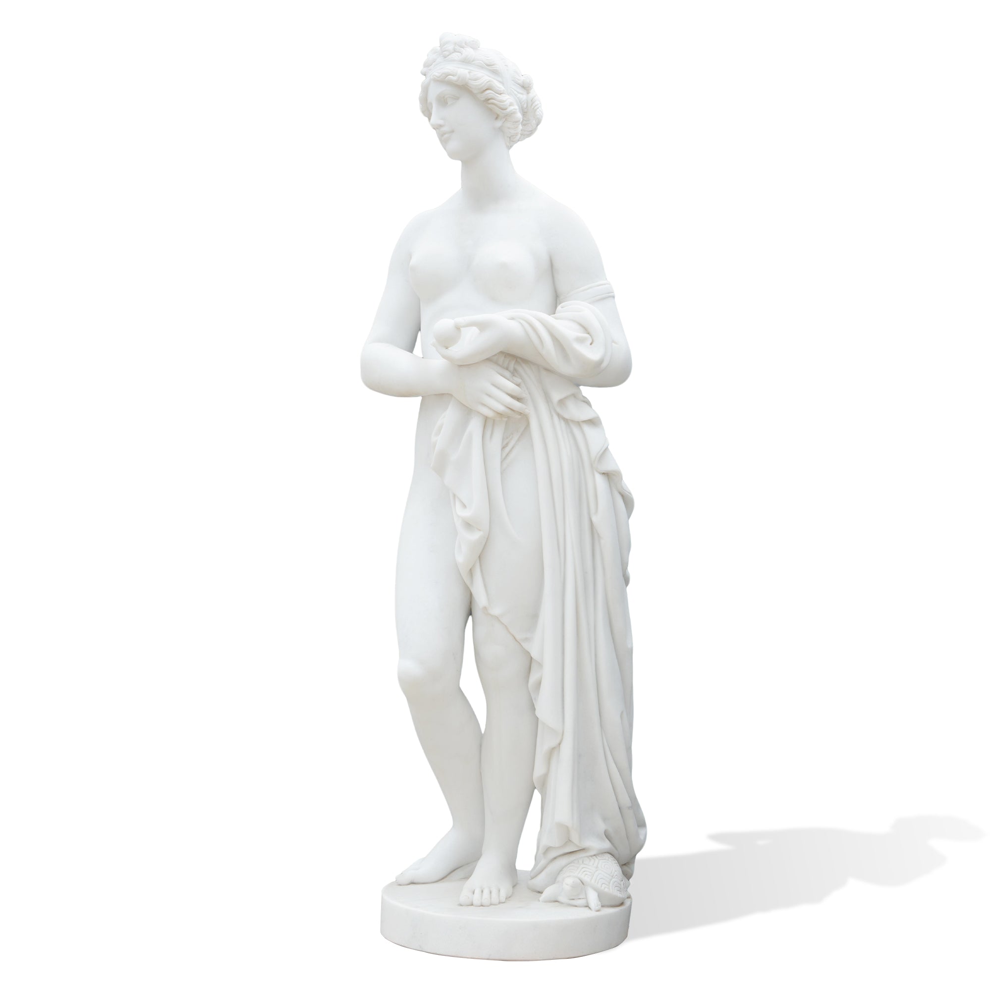 Side perspective of the contemporary marble Aphrodite replica showing her gentle posture, balanced proportions, and finely carved drapery.