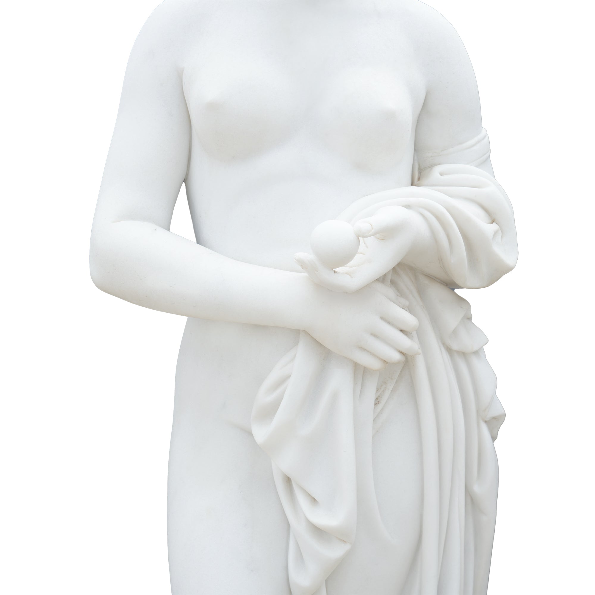 Close-up of the marble goddess statue’s hands gathering the draped cloth, highlighting the refined carving and contemporary interpretation of Aphrodite.