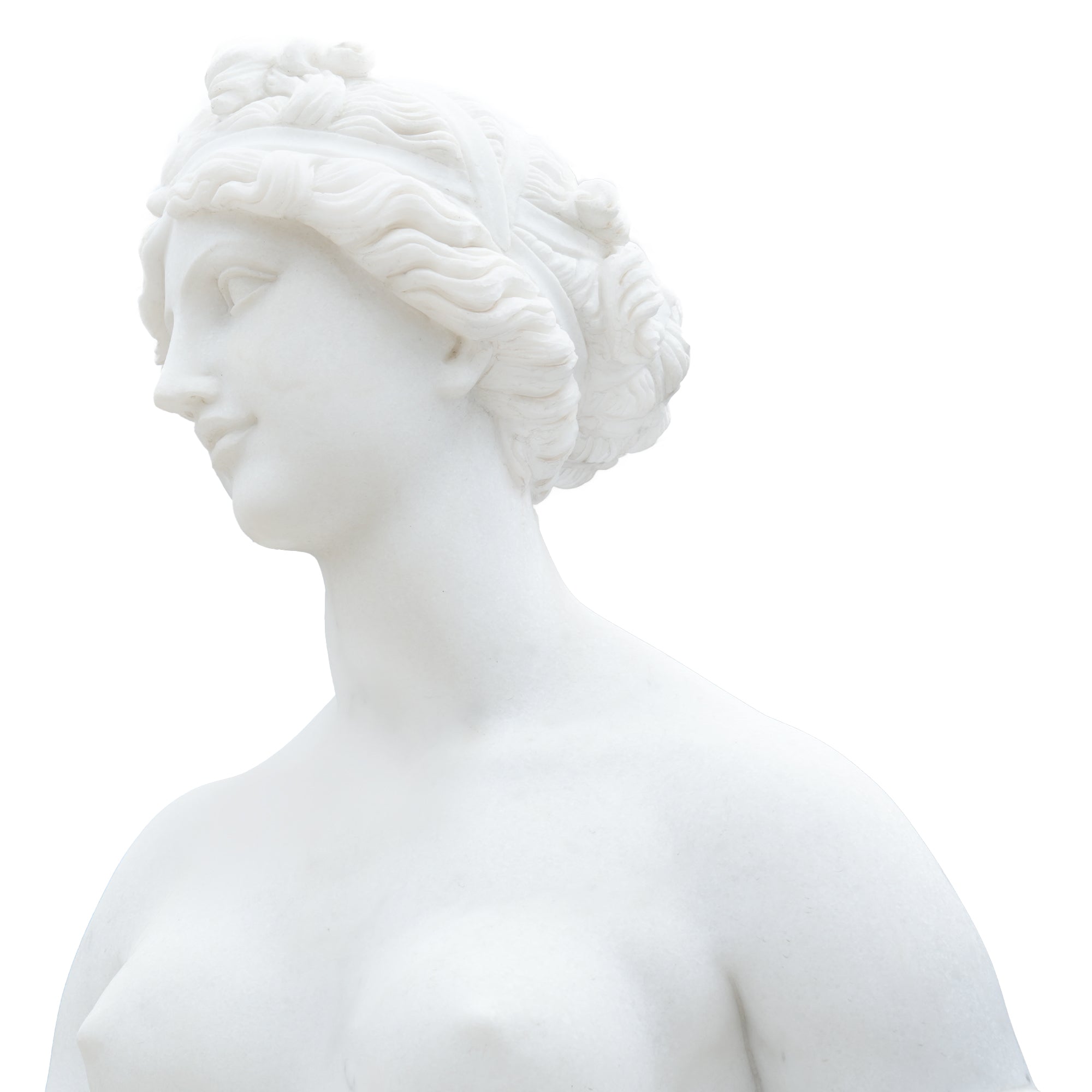 Close-up of the statue’s serene marble face and carved hair, a contemporary reimagining of the ancient Aphrodite of Knidos.