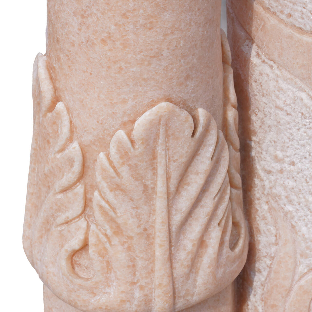 Close-up view of the marble sculpture’s hand gently holding the draped fabric, emphasizing the fine craftsmanship and the flowing elegance of the reclining woman in the hammock.