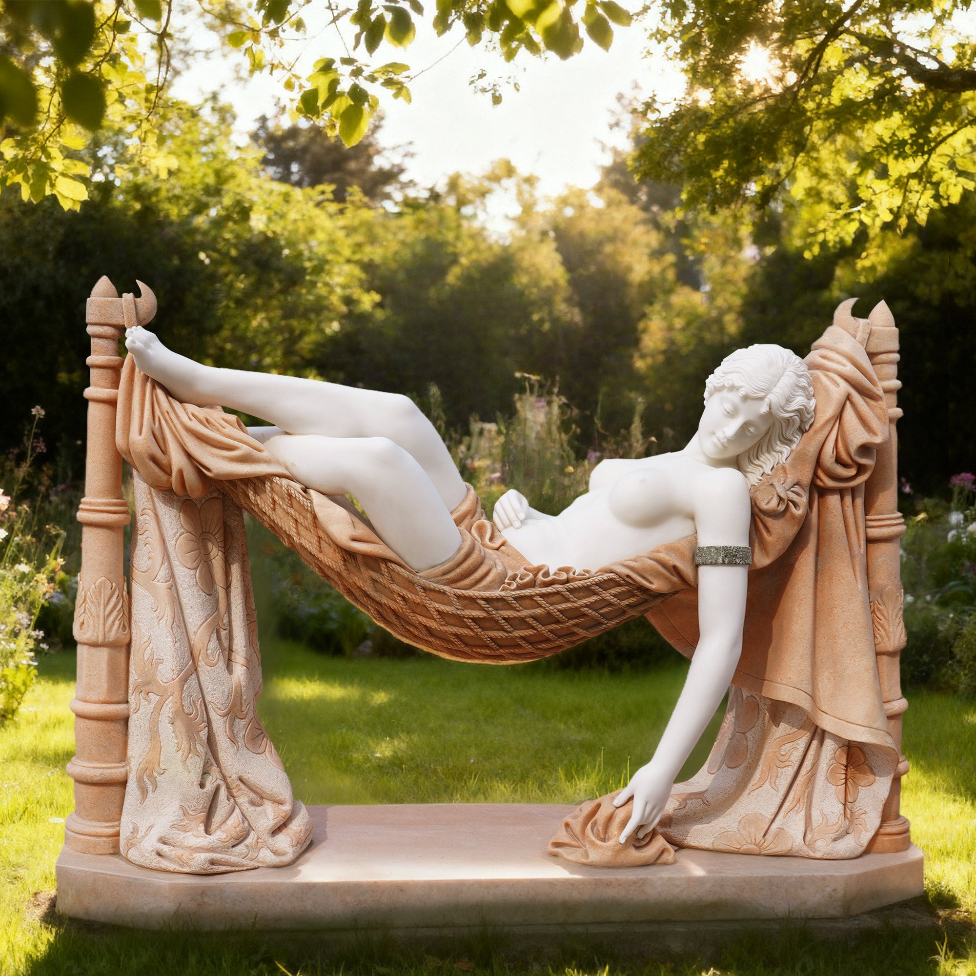 A marble reclining woman sculpture placed in a lush garden, with sunlight filtering through the trees, highlighting the serene and elegant nature of the piece in a natural outdoor setting.