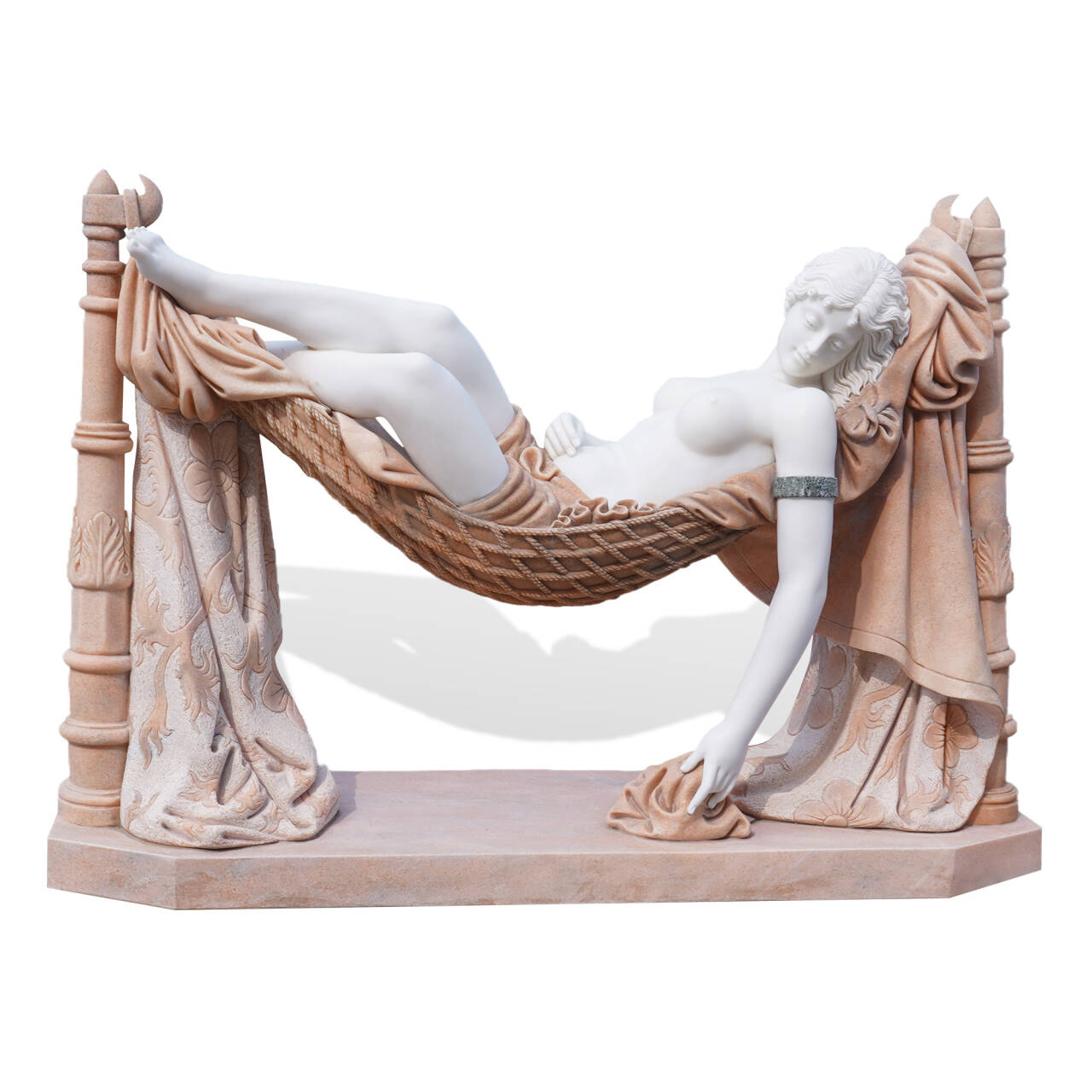 A luxurious white marble sculpture of a reclining woman, draped in fine fabric, resting peacefully in a hammock with a serene expression, ideal for upscale garden and outdoor spaces.