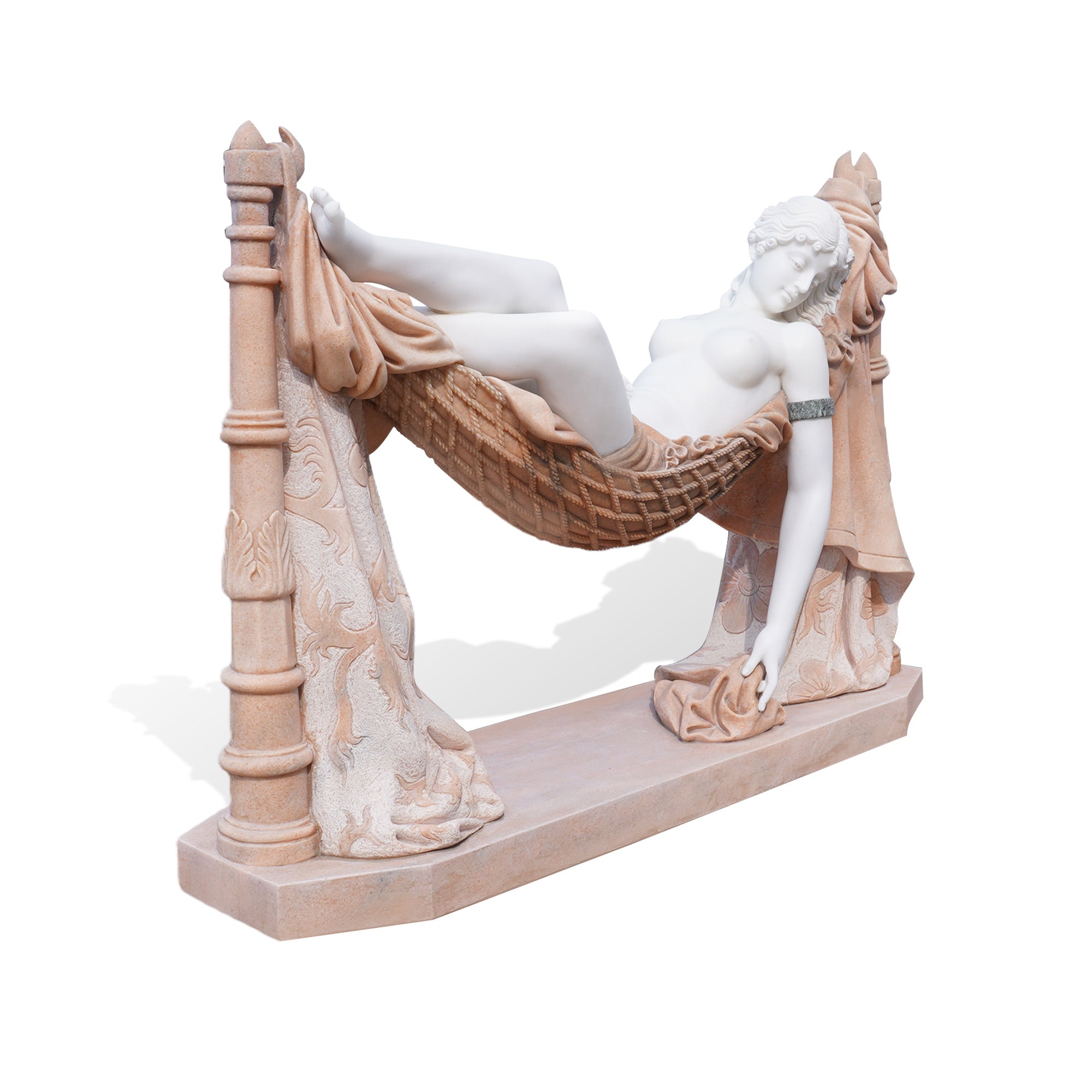 Side angle of the reclining woman sculpture in white marble and sesame red granite, showcasing her elegant form and graceful posture as she relaxes in a hammock, perfect for art collectors and luxury garden spaces. 