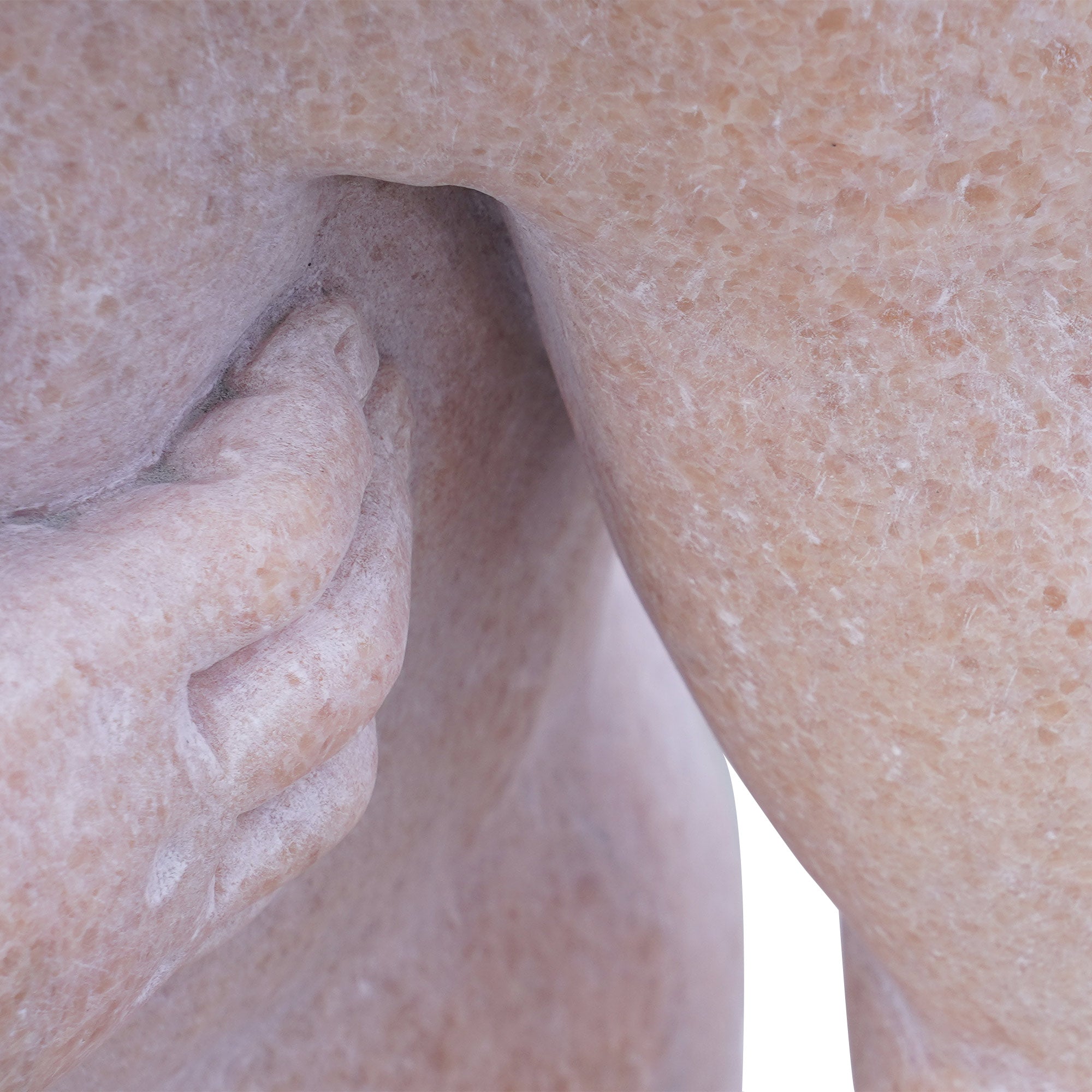 Detailed view of the hands of two children in the marble sculpture, emphasizing their interaction and affectionate gesture. This intricately crafted sculpture is ideal for luxury interiors and artistic garden settings.