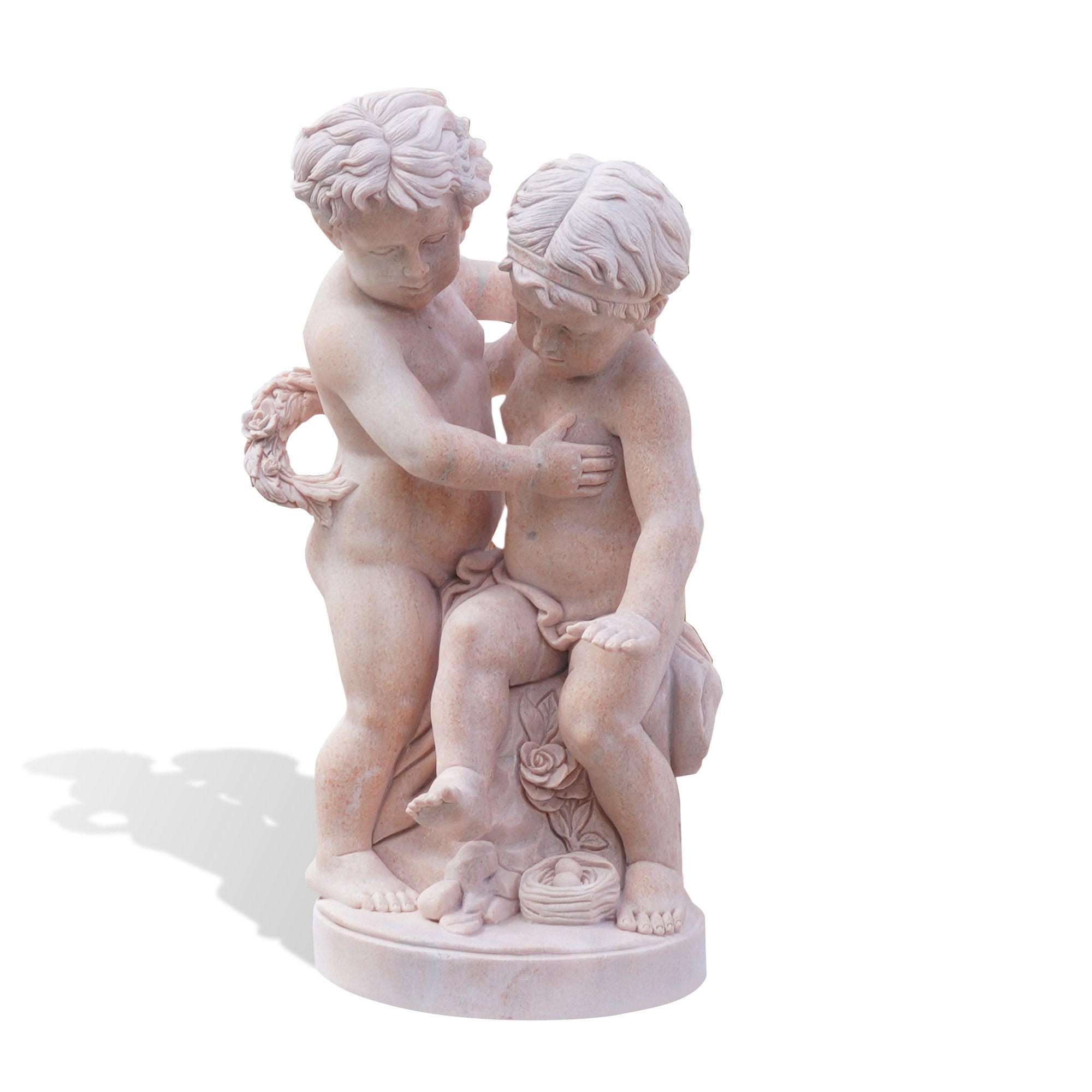 Marble sculpture of two children holding hands, symbolizing youthful connection and love. Ideal for garden sculptures and luxury interior decoration