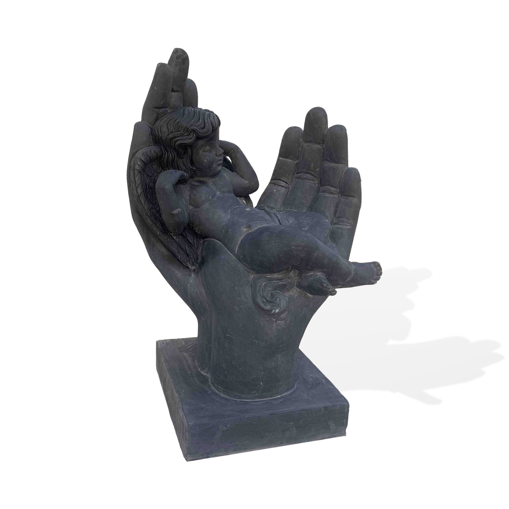 Black marble cherub angel sculpture, 27.6W x 40H x 24.7D, showcasing an angel resting peacefully in a hand, with intricately detailed wings and serene expression