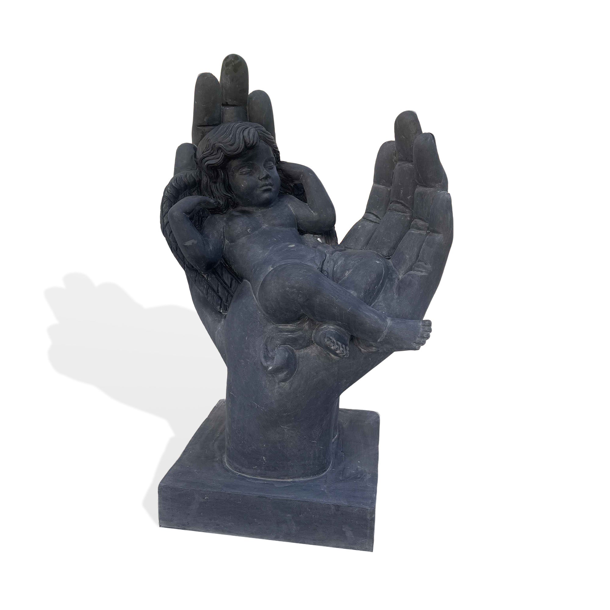 Black marble angel cherub statue, measuring 27.6W x 40H x 24.7D, depicting a serene cherub with wings, resting in a hand, perfect for memorial and decorative settings