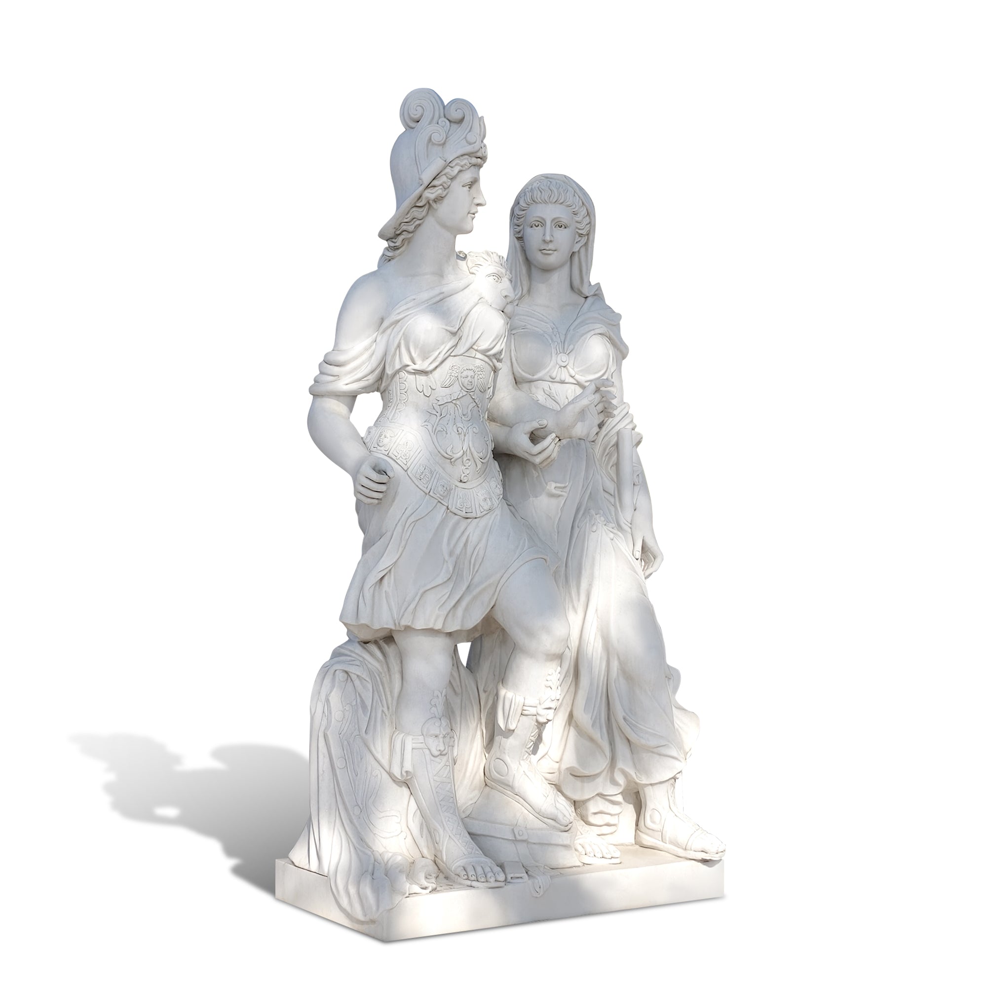 Classical Greek and Roman marble sculpture of two goddesses walking together, exuding strength, beauty, and unity, perfect for luxury decor or as a statement piece in art exhibitions.