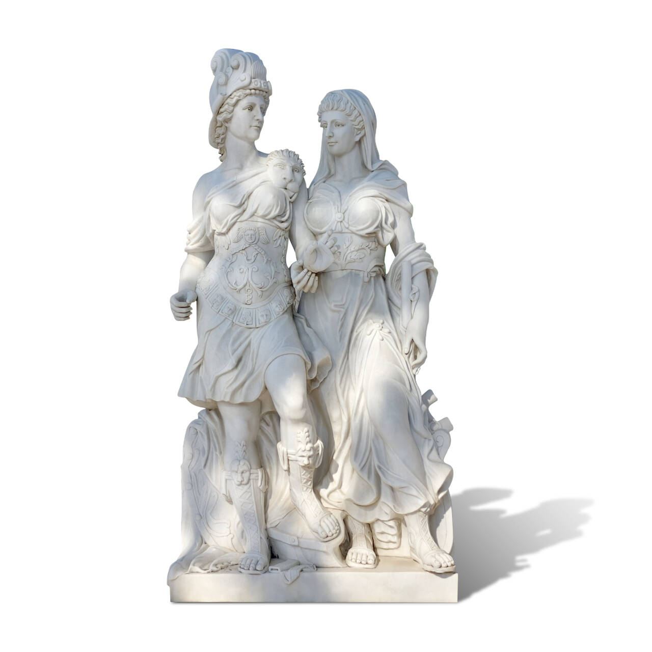Hellenistic style marble statue of 2 Roman women in flowing robes, symbolizing divine beauty and grace, ideal for adding elegance to gardens or art galleries.