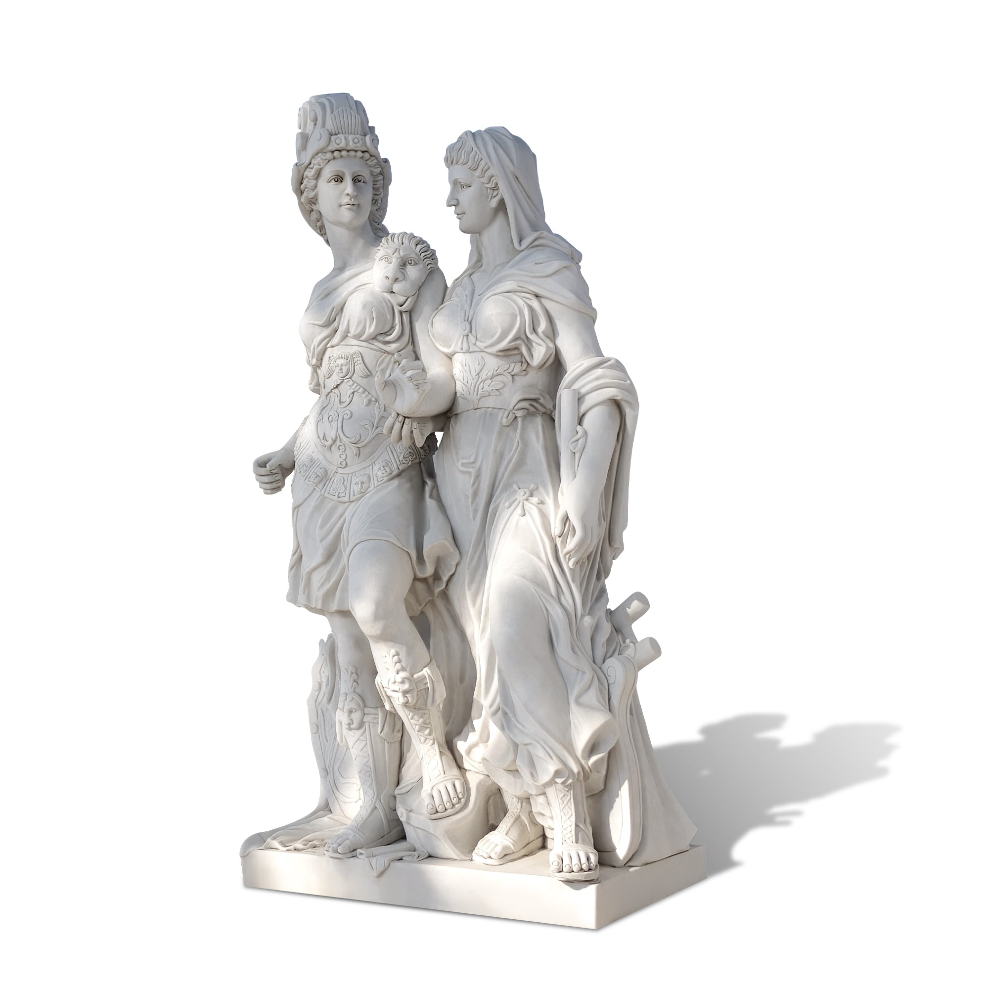 Detailed white marble sculpture of 2 Greek women with classical attire and a serene expression, a timeless piece for sophisticated interiors and decorative spaces.