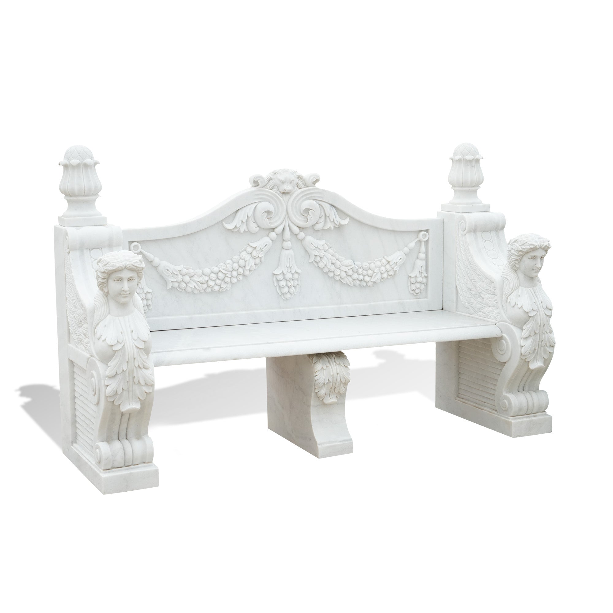 Female sculpture on a marble garden bench, featuring intricate carving and classical design, perfect for luxury garden decorations or public spaces.