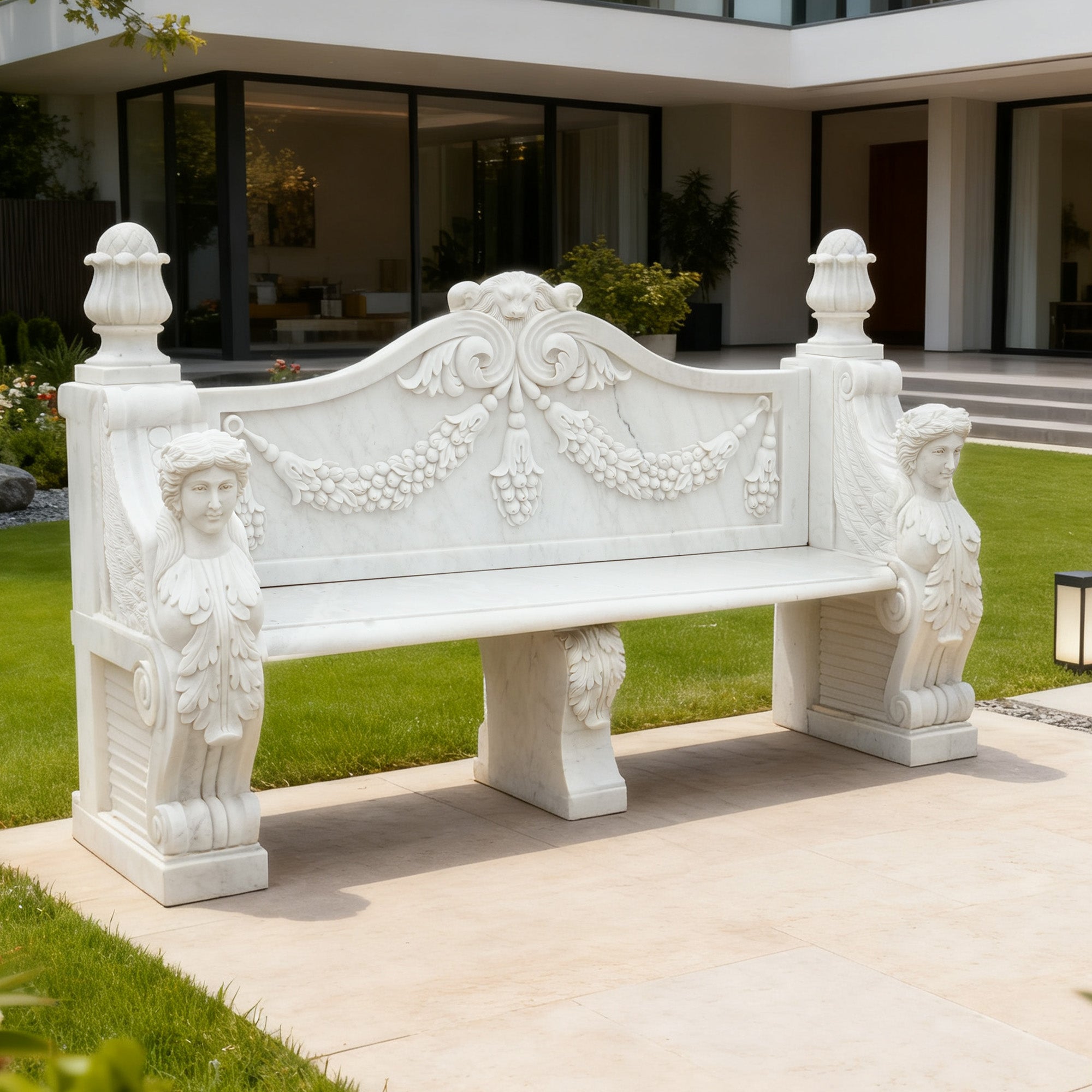 Marble classical garden bench with female sculptures at both ends, featuring intricate grapevine details on the backrest, perfect for luxury outdoor spaces and garden decor.