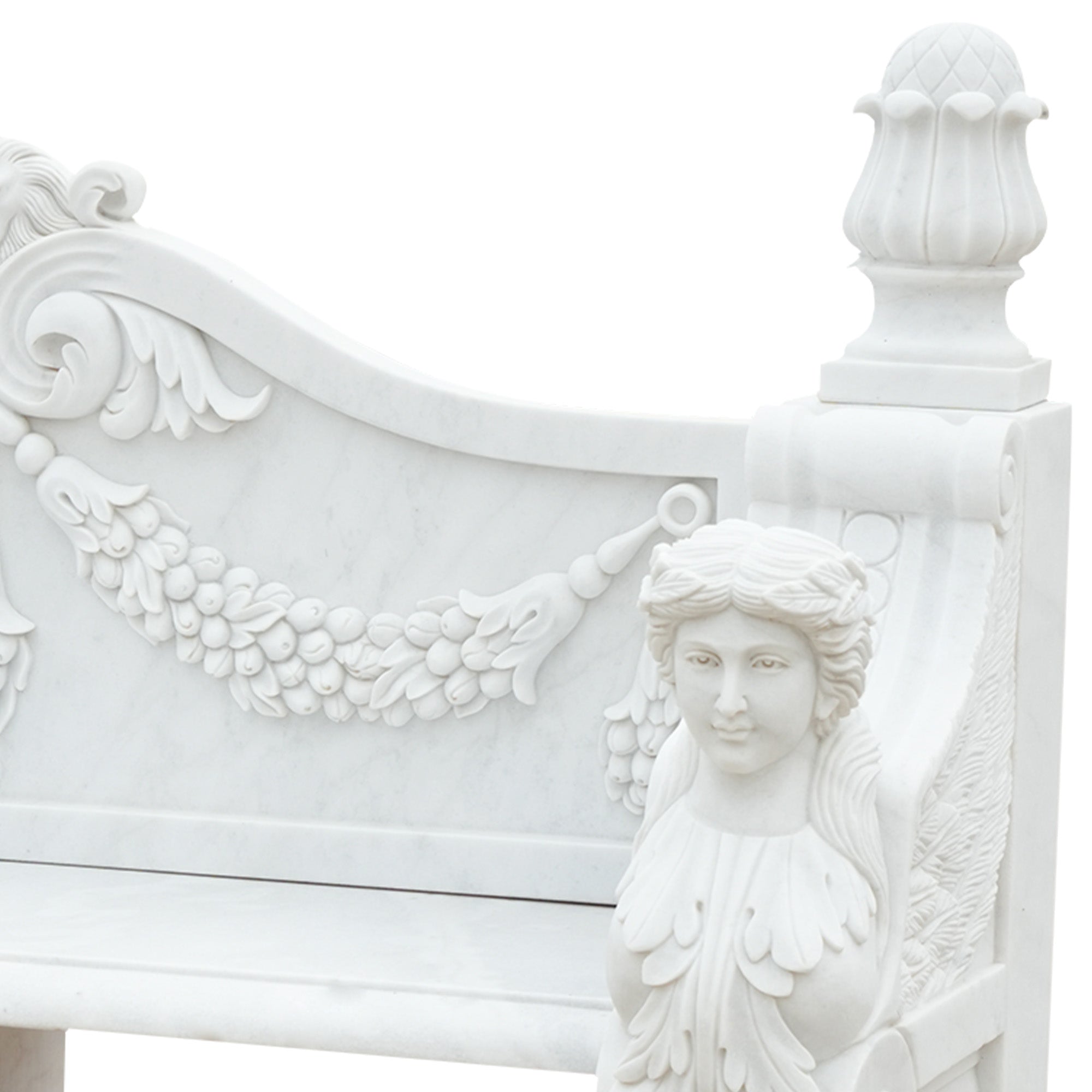 Detailed view of the backrest of a marble bench sculpture, with classical female figures and grapevine motifs, ideal for enhancing garden spaces with timeless beauty.