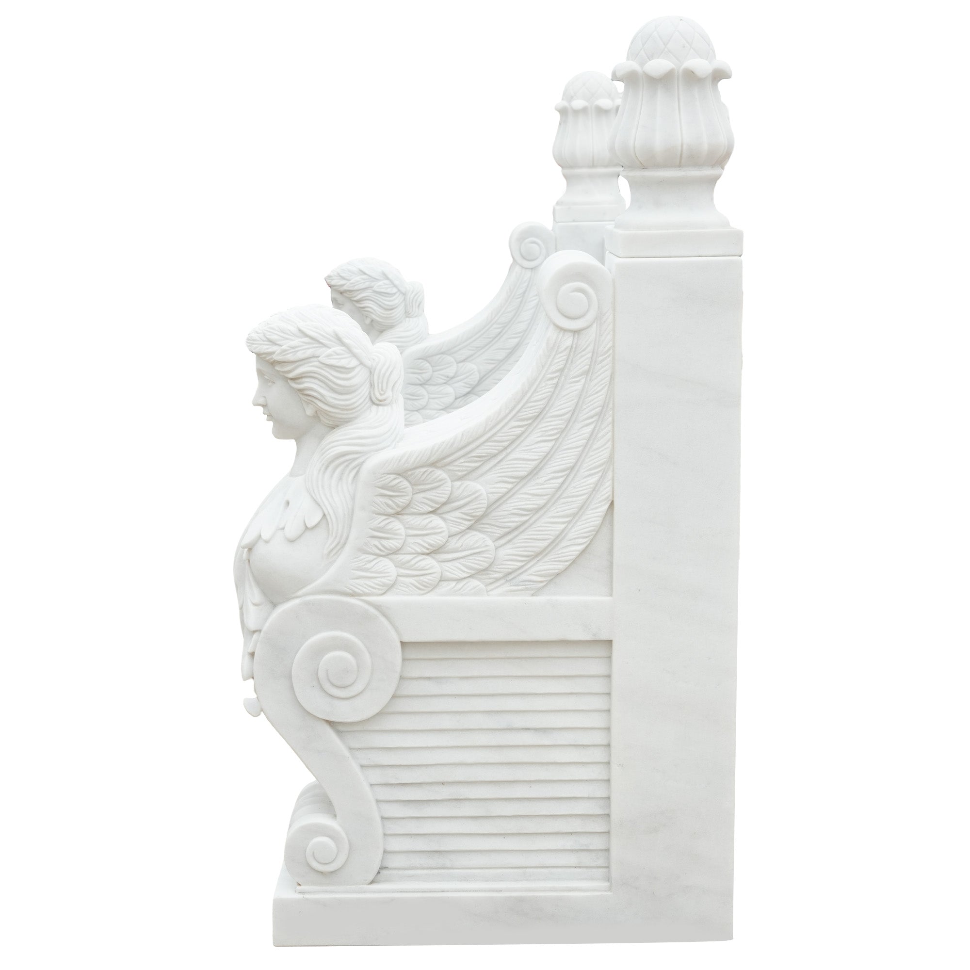 Side view of an elegant marble garden bench with carved female figures, featuring fine details and a classical design, perfect for luxury gardens and landscapes.