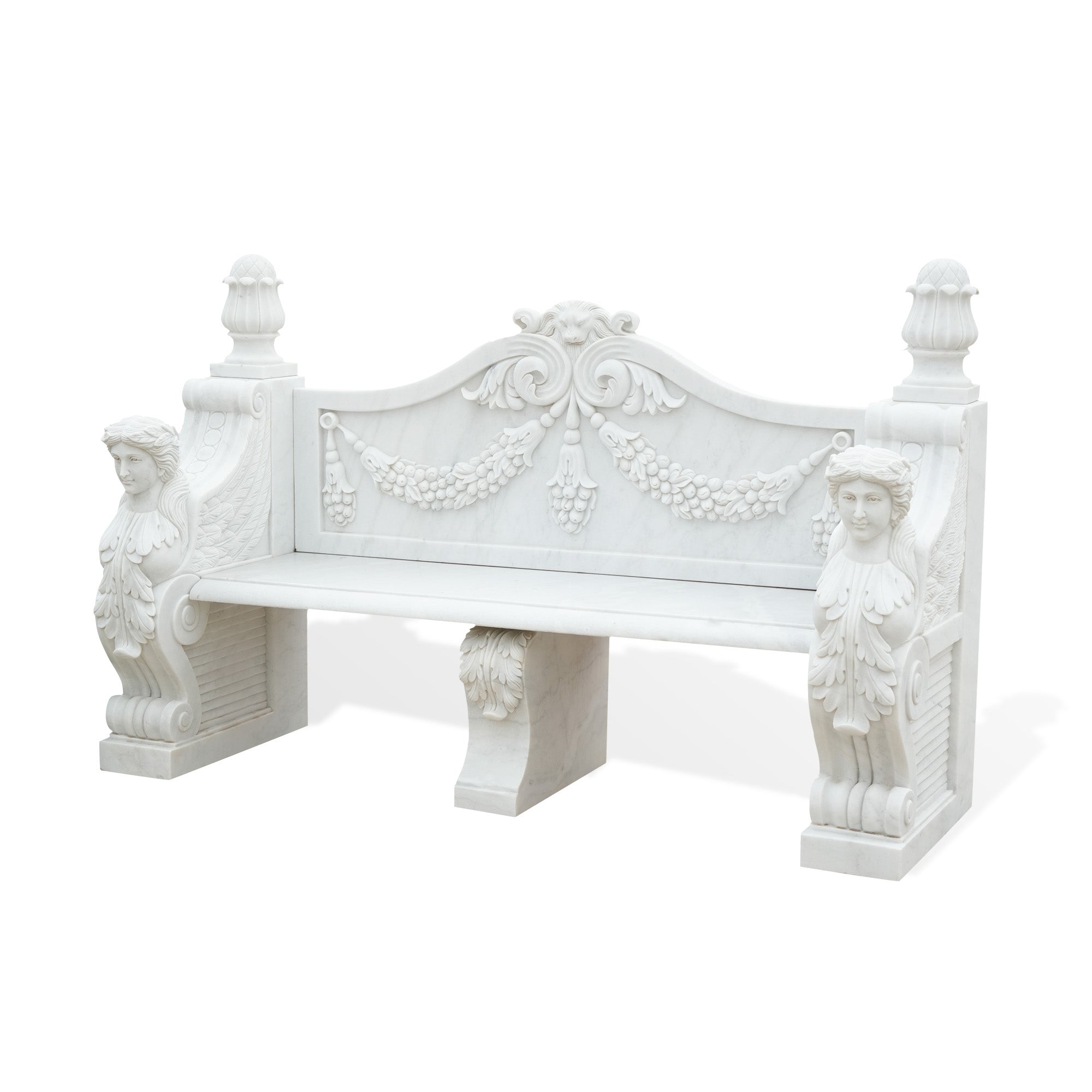 Classic marble bench with female figure sculptures at each end, adorned with detailed grapevine carvings on the backrest, a perfect addition to upscale garden landscapes and luxurious outdoor seating areas.