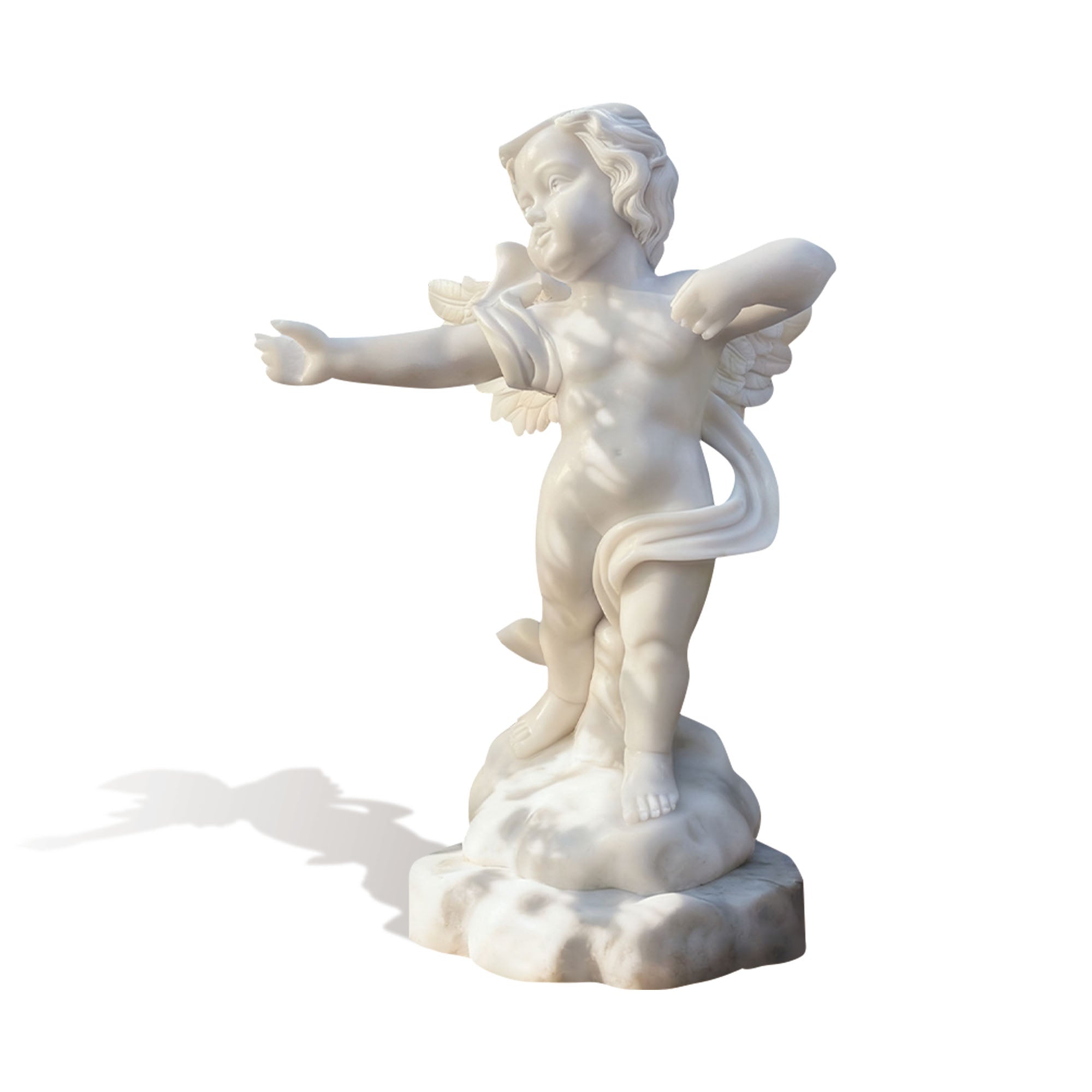 White marble statue of a cherub on a white background