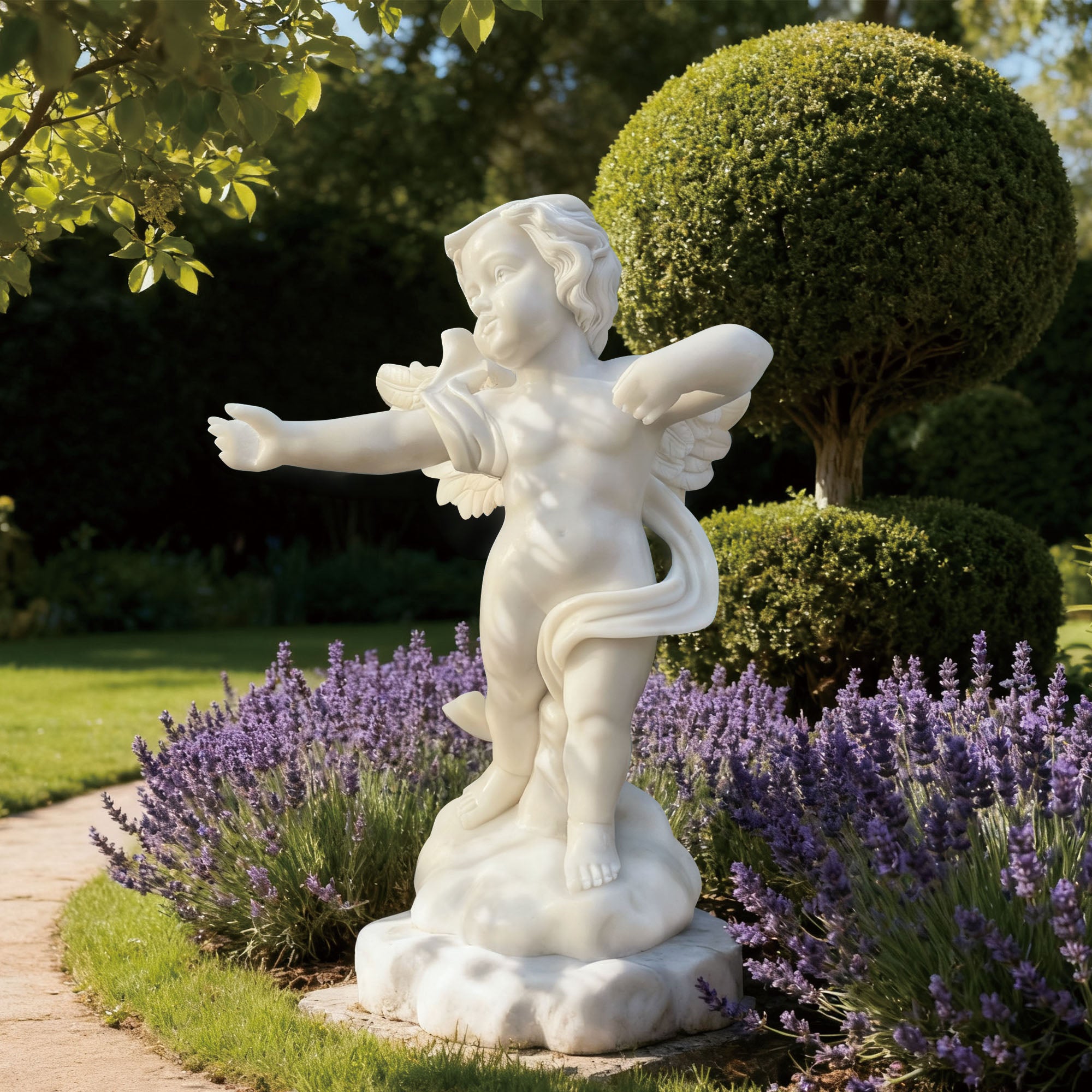 White marble cherub angel statue with outstretched arms, modern outdoor garden sculpture