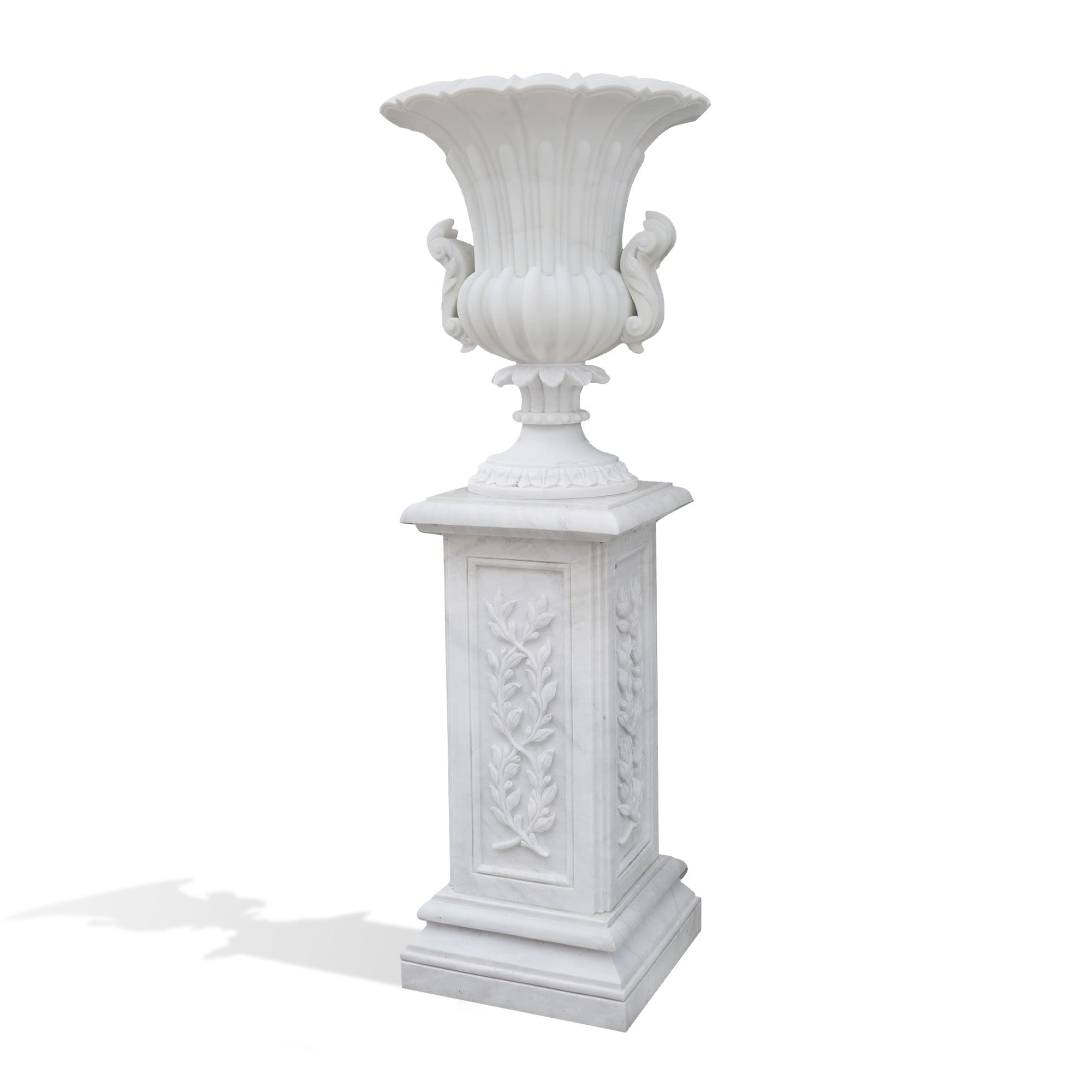 Elegant marble urn flower vase with floral carvings, perfect for adding modern elegance and charm to luxury gardens and outdoor settings.